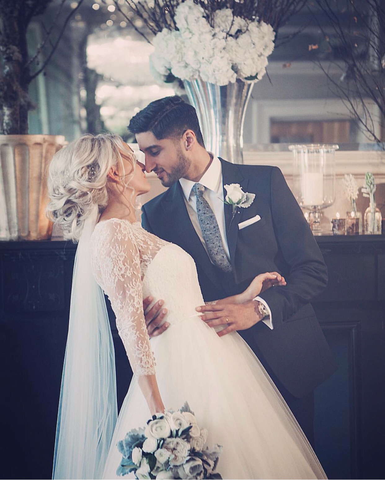 Bride and groom in elegant Restaurant & Lounge Bar, perfect for romantic weddings.