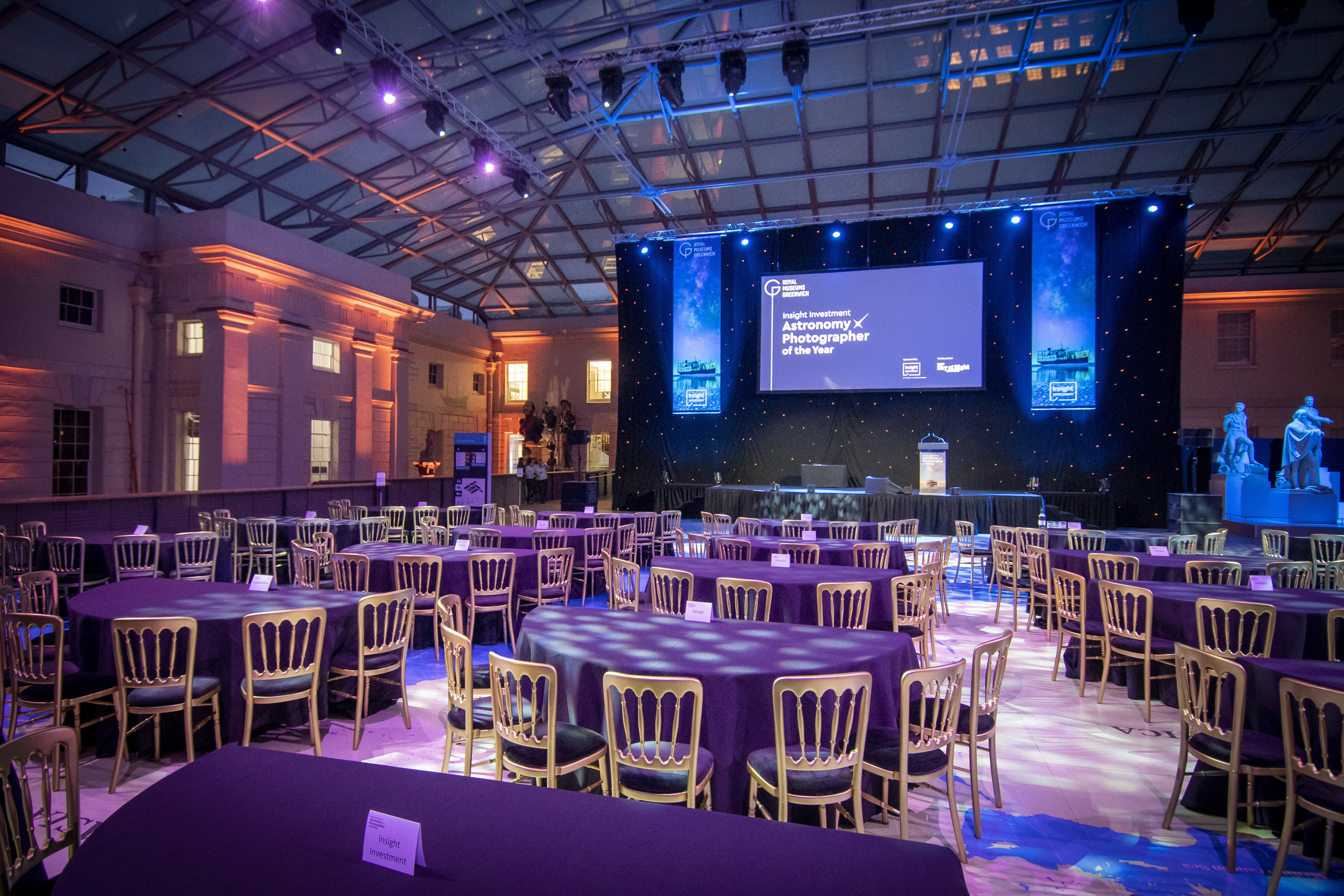 Elegant event setup with round tables at National Maritime Museum for gala or corporate events.