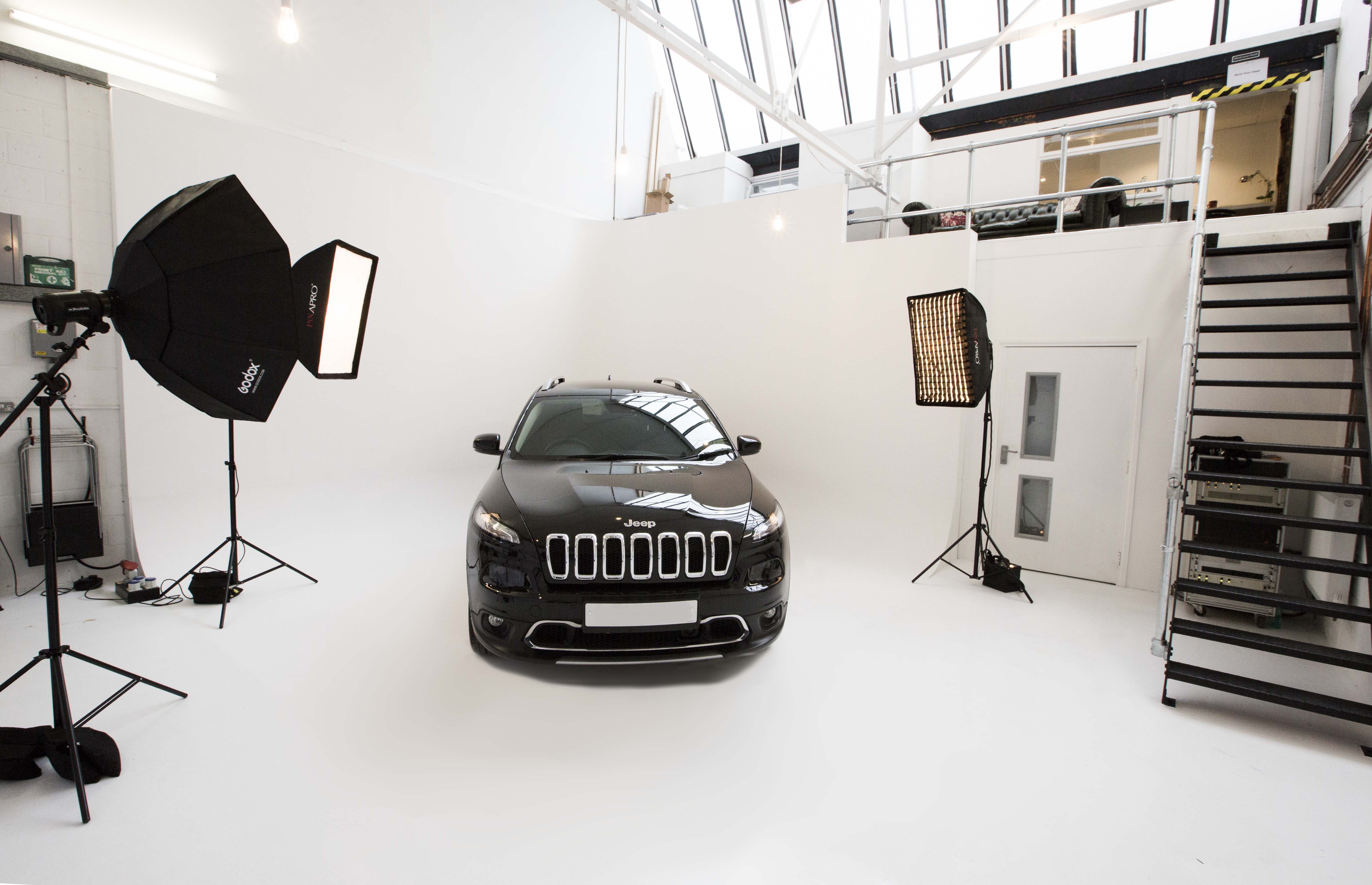 Modern studio venue at North 17 for product launch with sleek all-white backdrop.