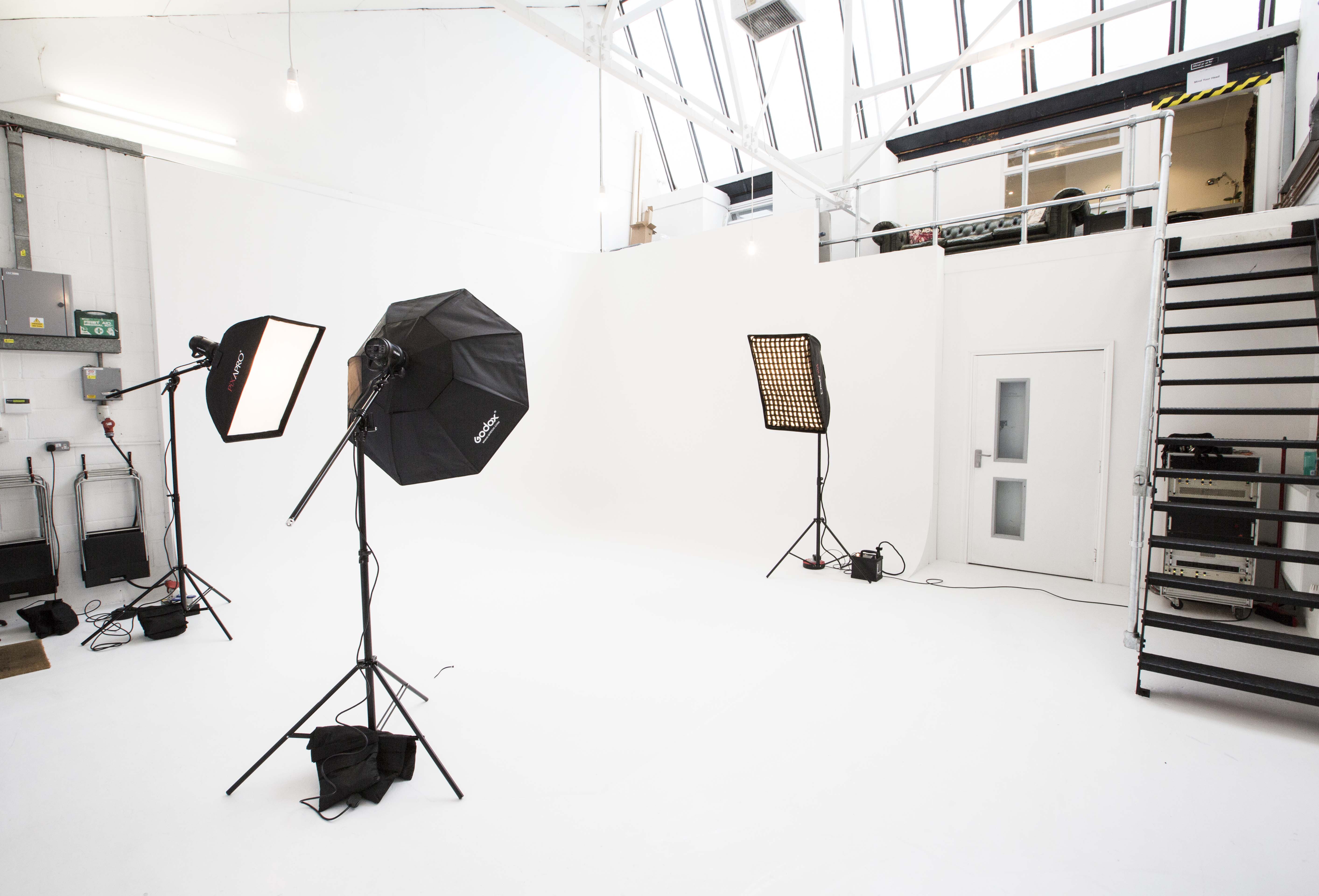 Versatile event space at North 17 Studios with clean white backdrop for photography.