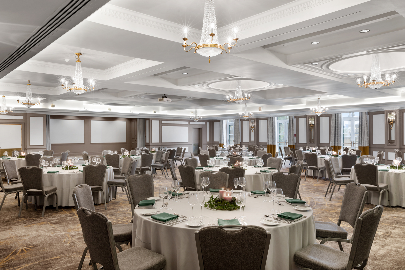 Kings Suite ballroom, elegant chandeliers, gala dinner event venue, Bristol Marriott hotel.
