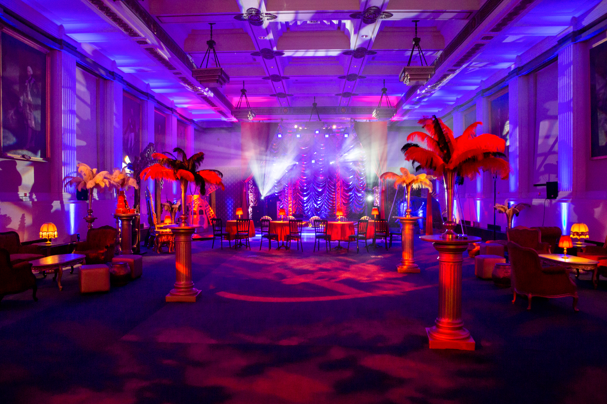 Christmas party at Freemasons' Hall with elegant decor and vibrant lighting.