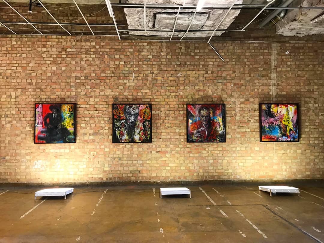 Vibrant art installation in a rustic Atrium, perfect for creative events and exhibitions.