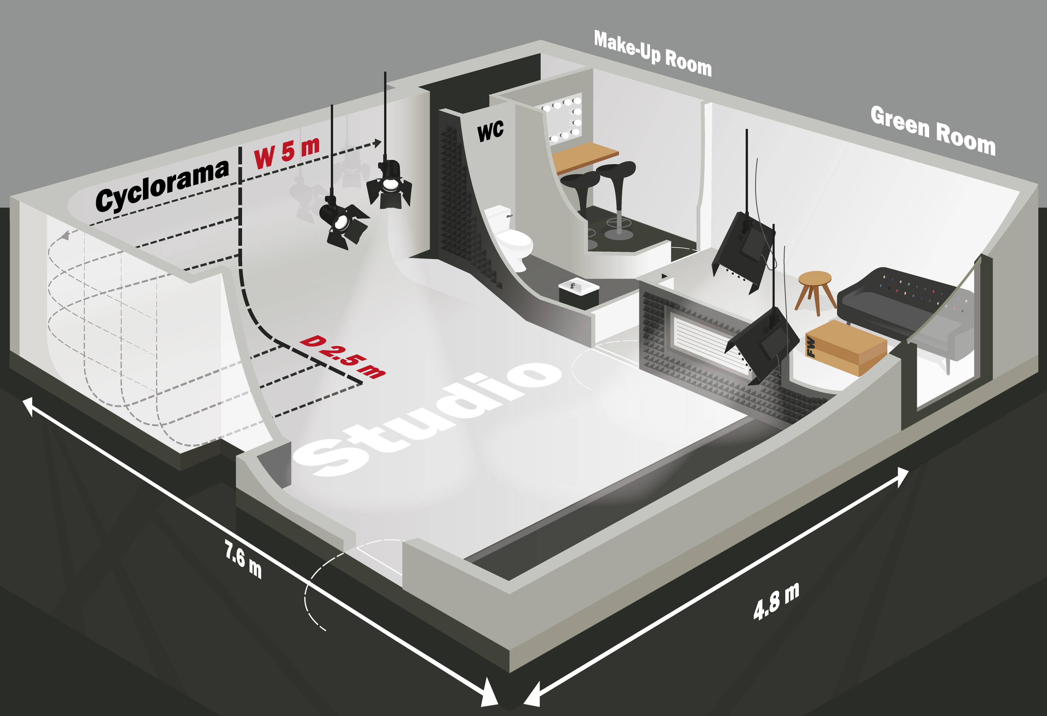 Whole Venue in FWstudios: modern studio layout for meetings and events with cyclorama.