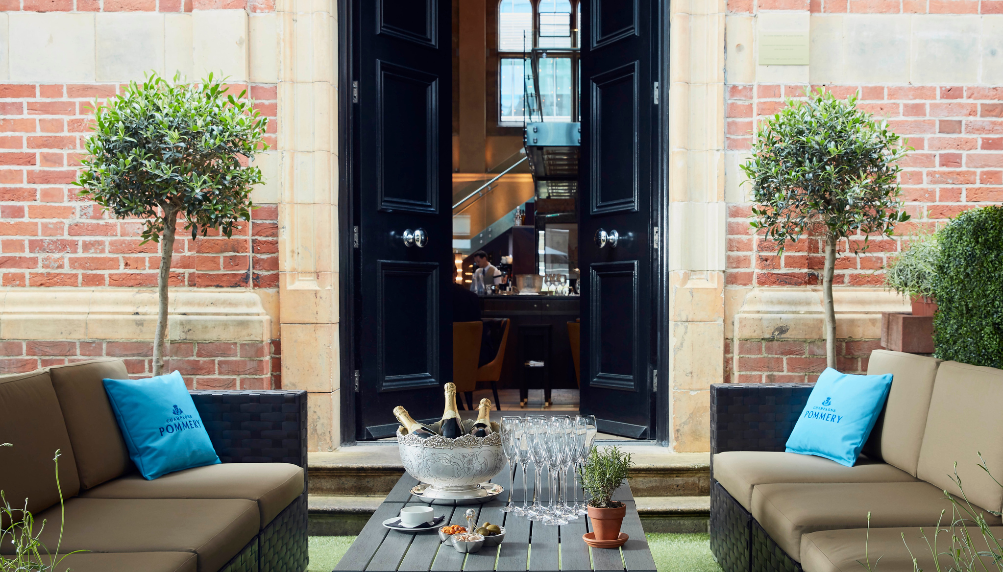 Stylish outdoor lounge at Galvin La Chapelle for networking events and cocktail receptions.