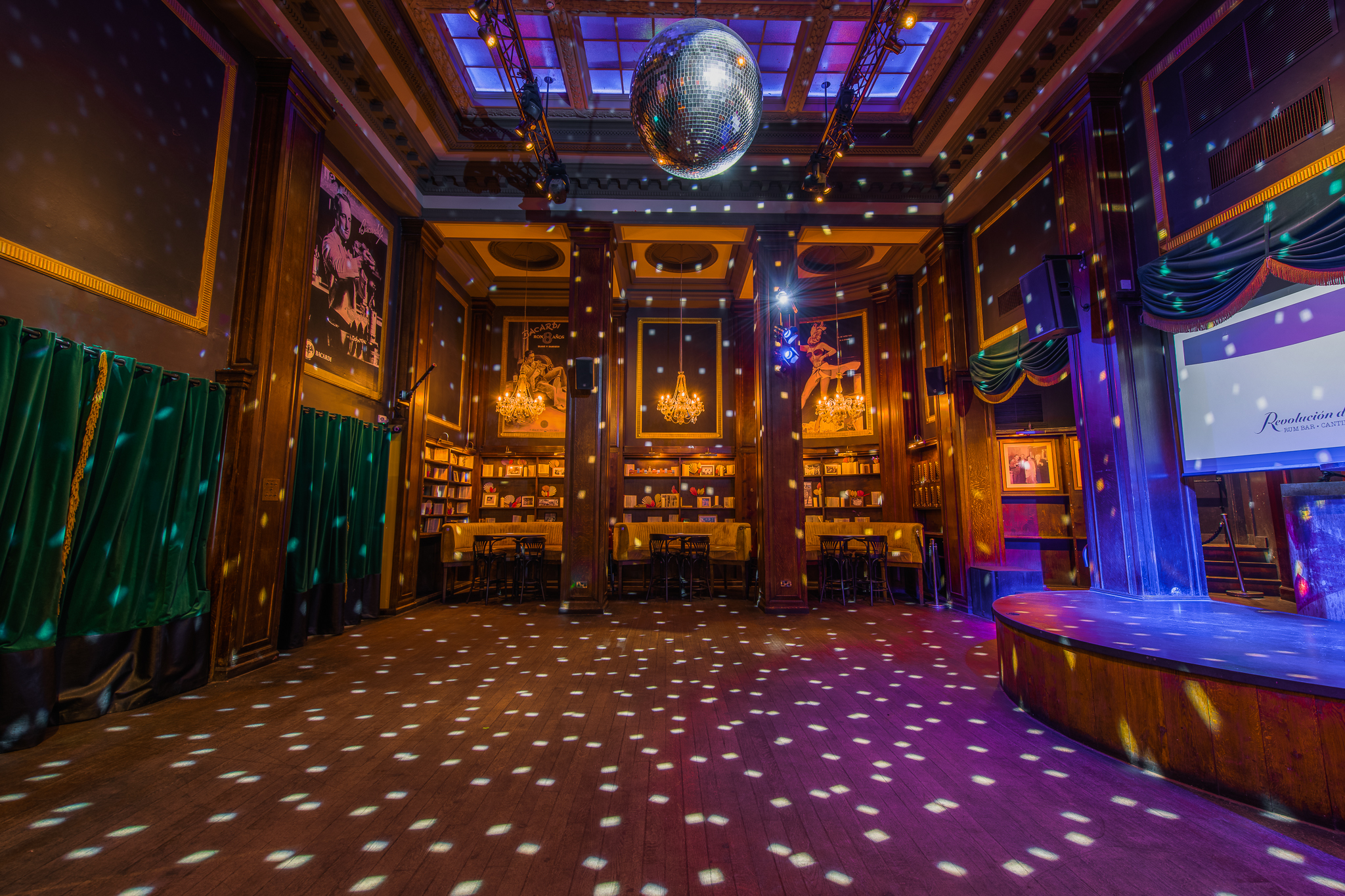 Vibrant event space with disco ball at Revolucion De Cuba Birmingham for parties and corporate events.