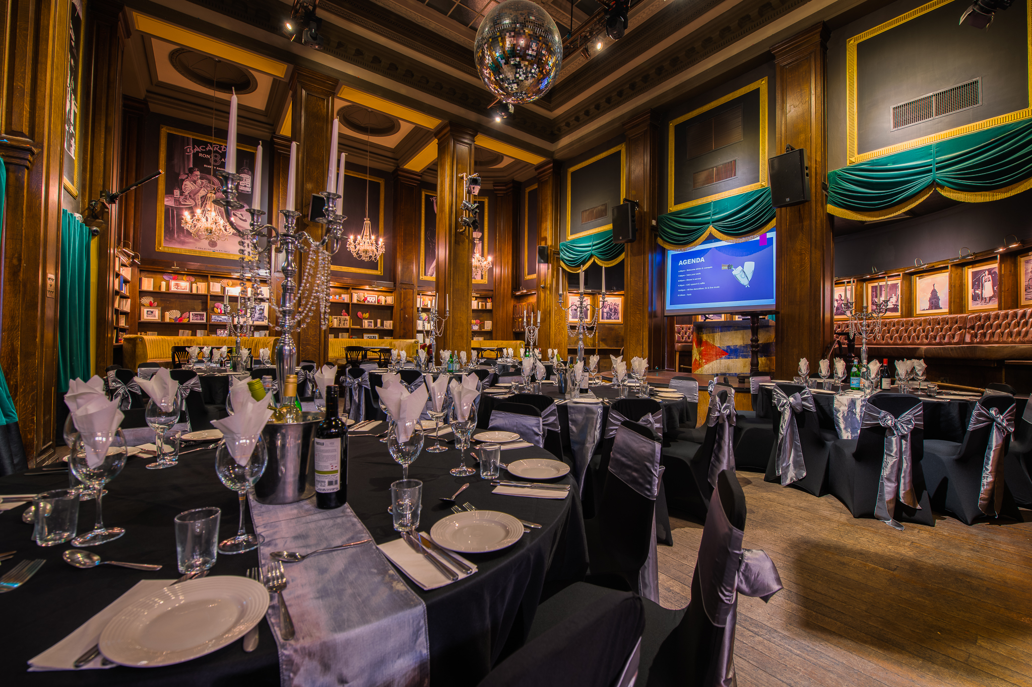 Havana Bar Birmingham: elegant dinner setup with black and silver decor for corporate events.