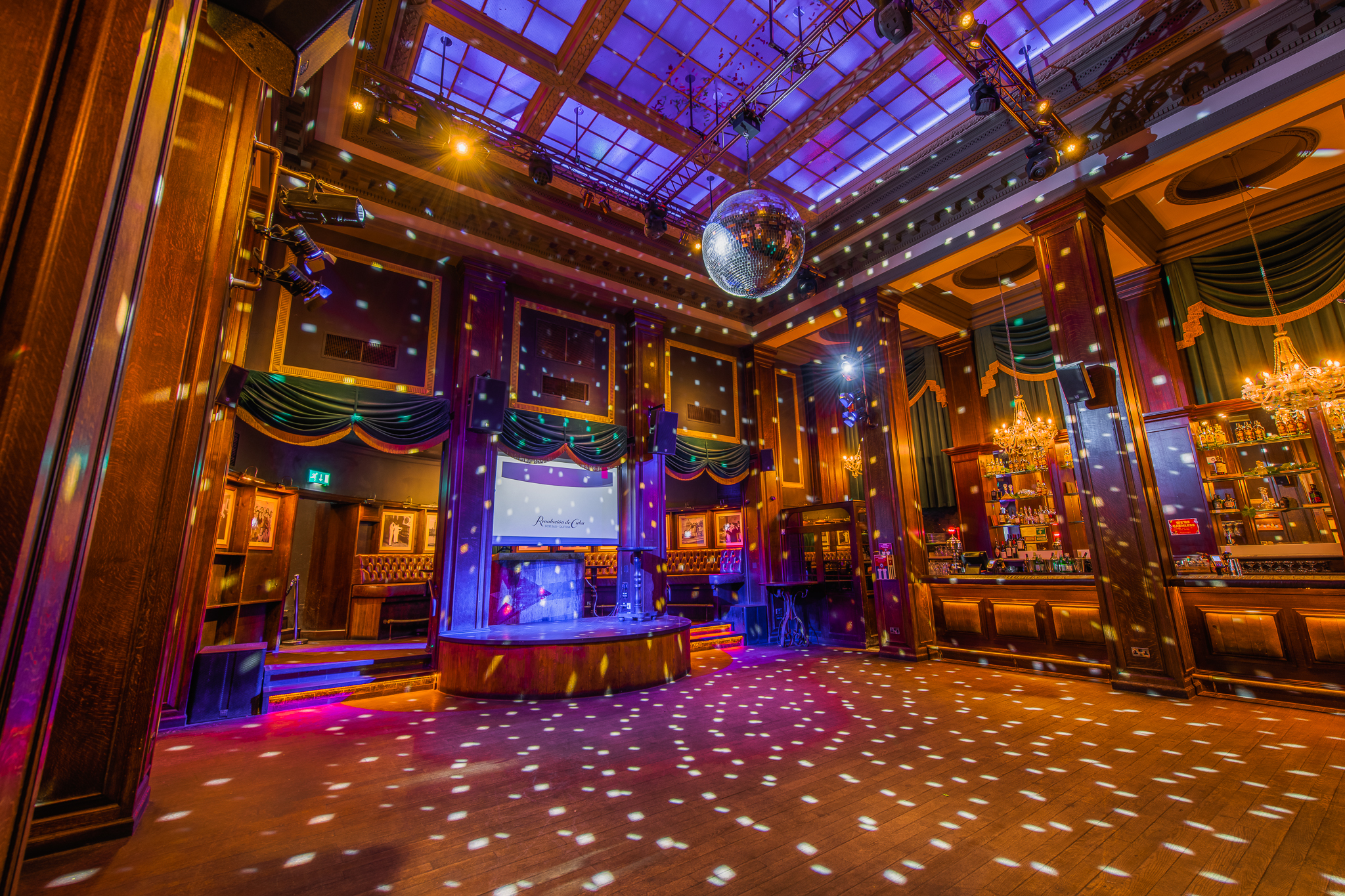 Havana Bar in Birmingham: vibrant event space with disco ball for parties and celebrations.