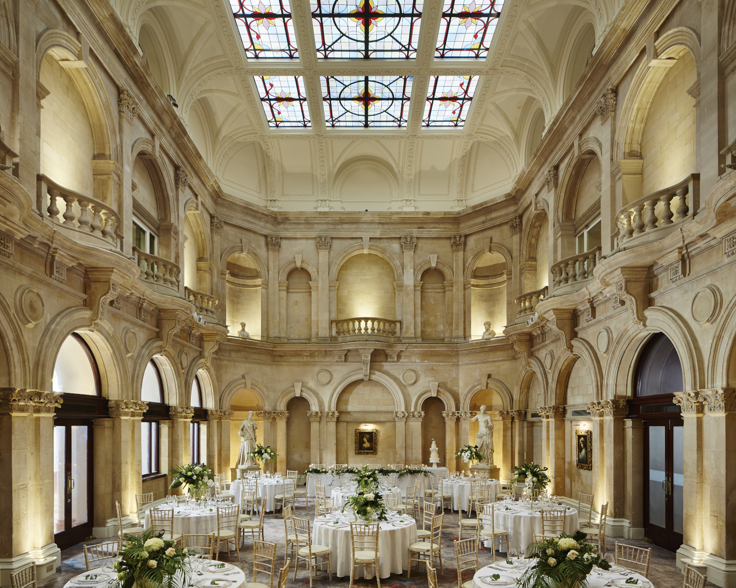 Grand ballroom in Bristol Marriott Royal Hotel with historic atrium for gala dinners and events.
