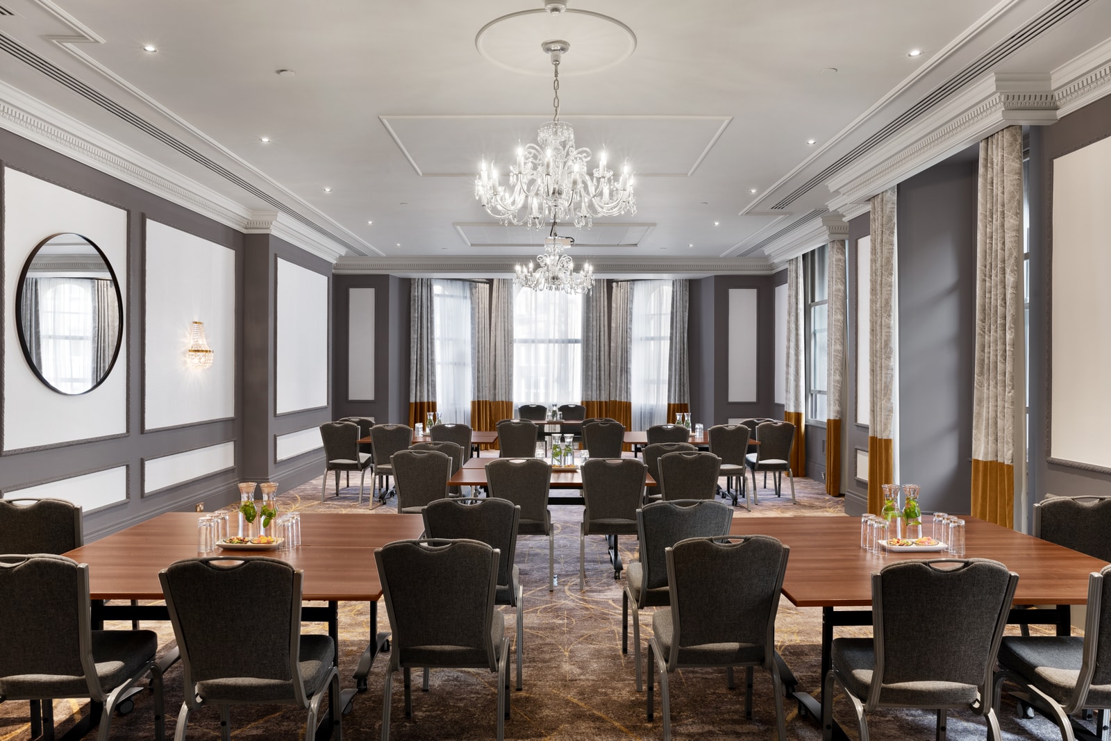 Lancaster Suite at Bristol Marriott: U-shape boardroom with chandeliers for executive meetings.