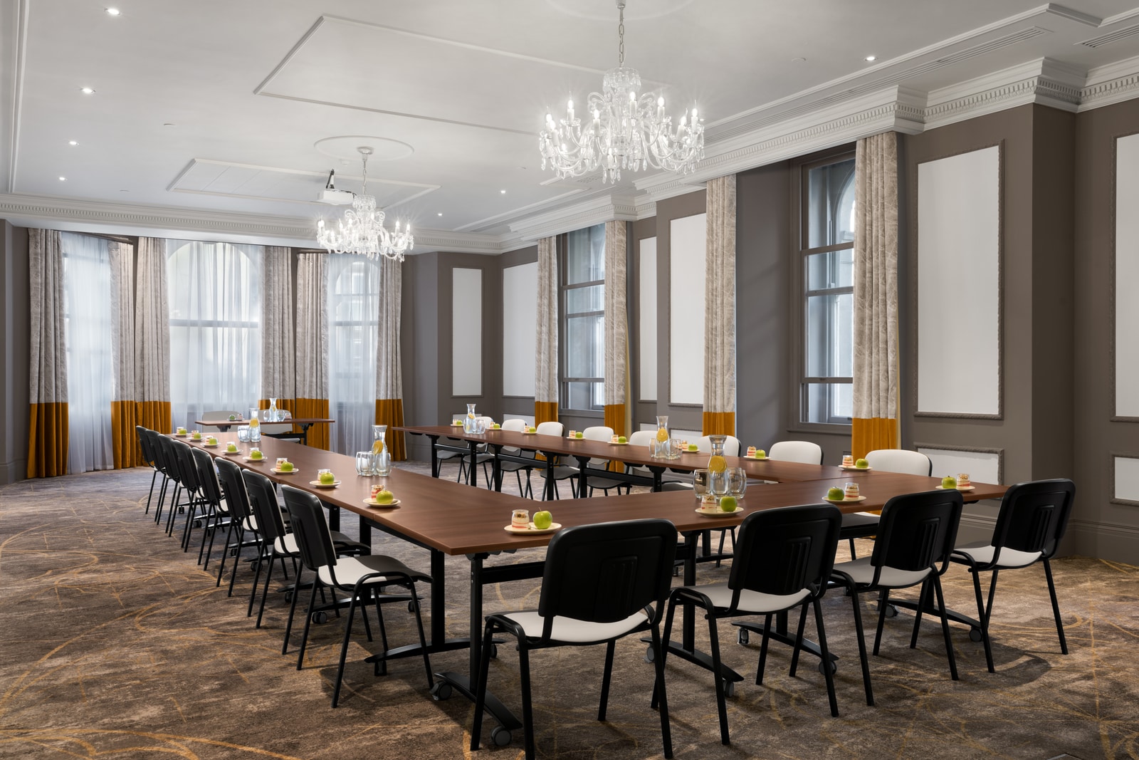 U-shape boardroom in Lancaster Suite, Bristol Marriott Royal Hotel for executive meetings, workshops.