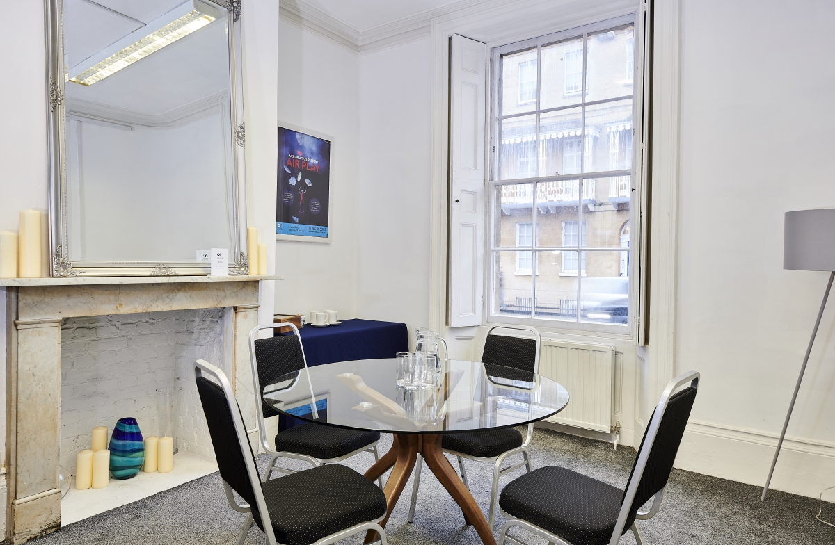 Richard Gladstone Room at Oxford Playhouse, round glass table, ideal for meetings and brainstorming.