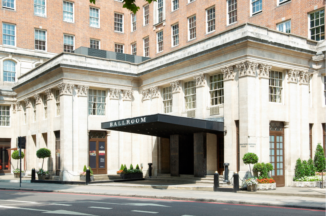 Elegant JW Marriott Grosvenor House ballroom entrance for weddings or corporate events.