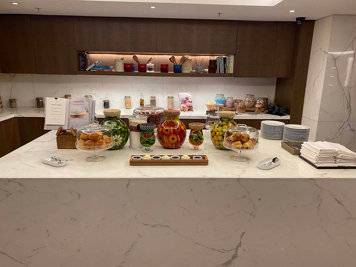 Executive lounge refreshment station with snacks for a business event at JW Marriott London.