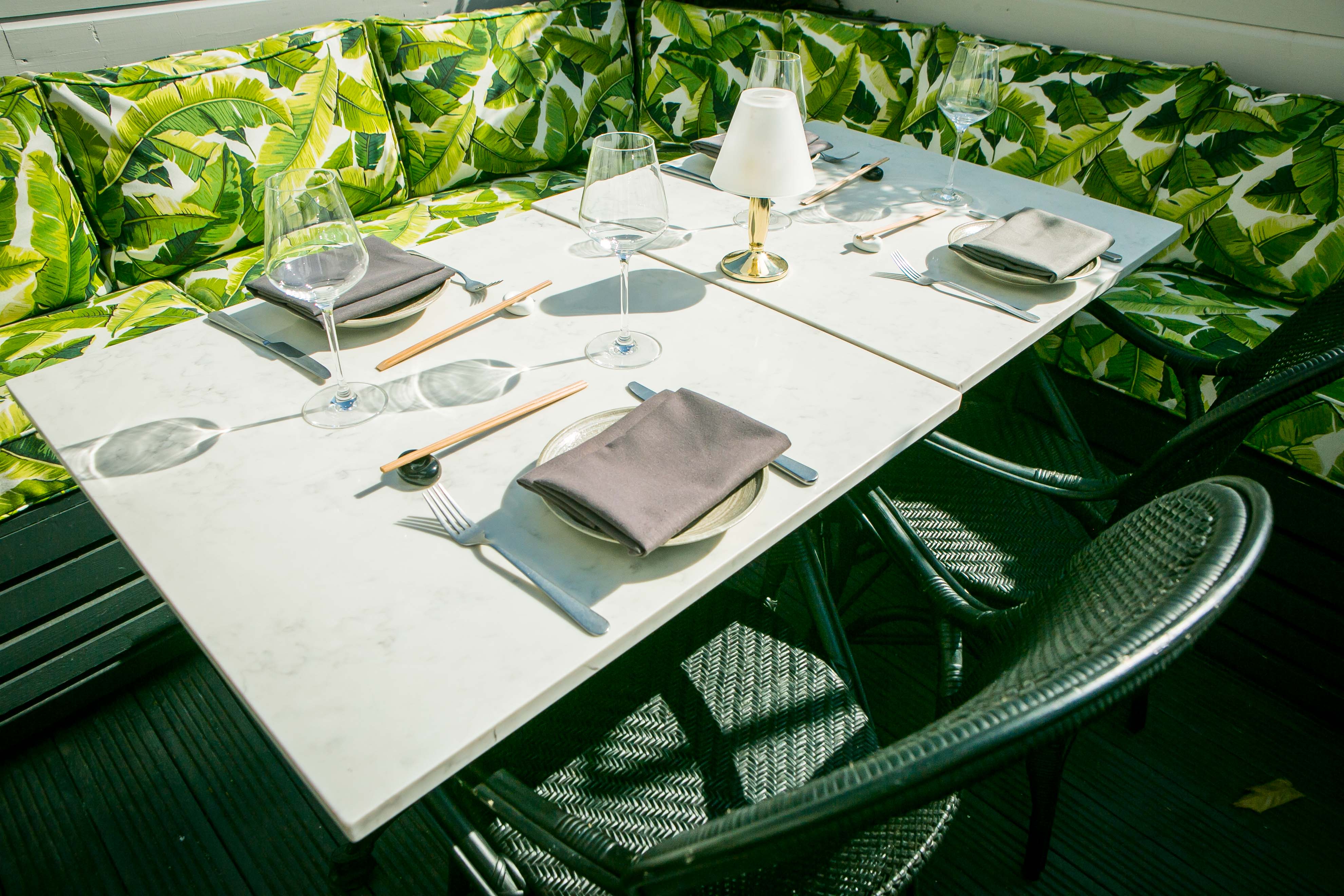 Elegant outdoor dining table at Al Fresco Terrace, ideal for upscale events and gatherings.