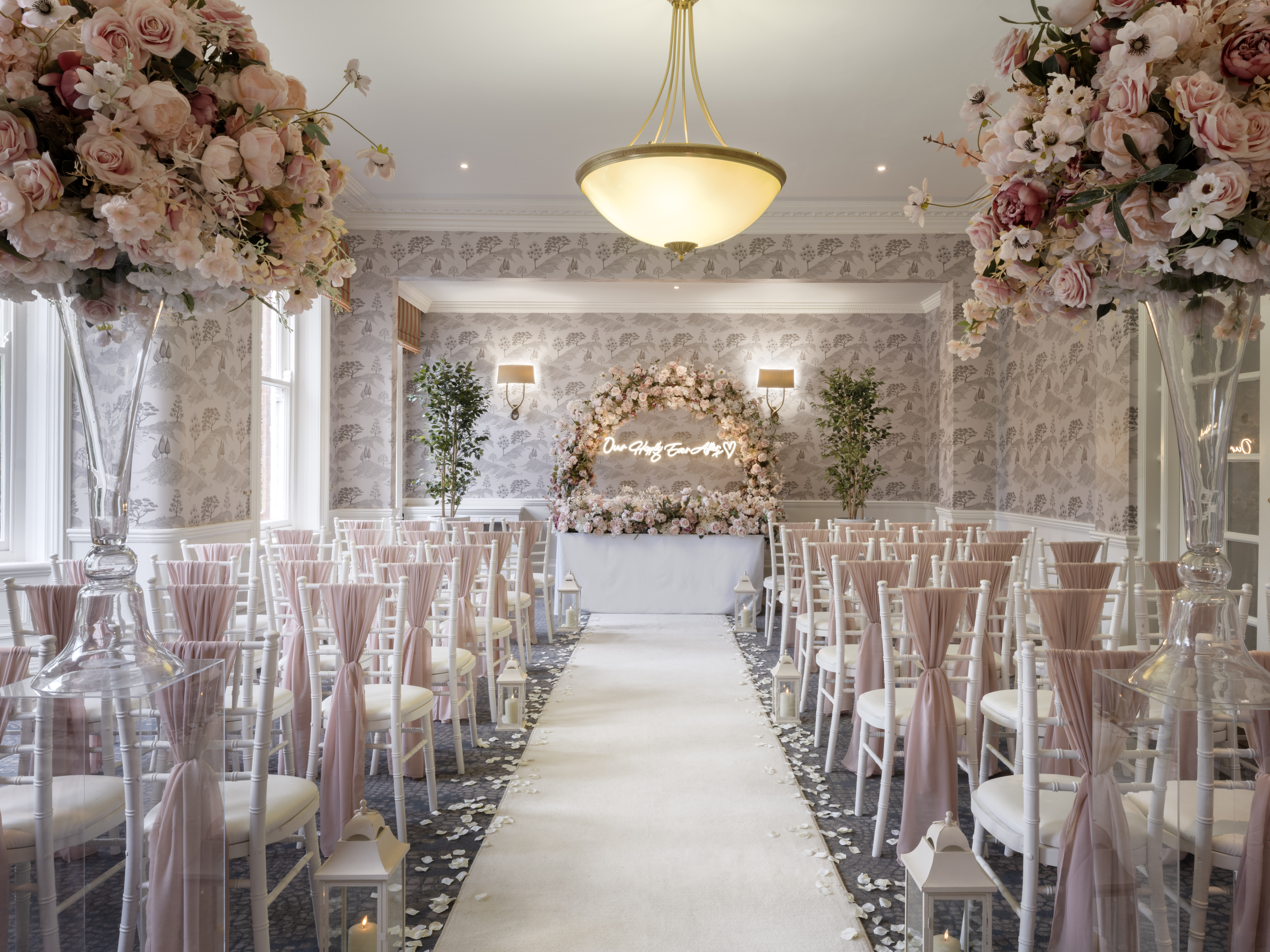 Elegant wedding event space with floral decor at Delta Hotels by Marriott Preston.