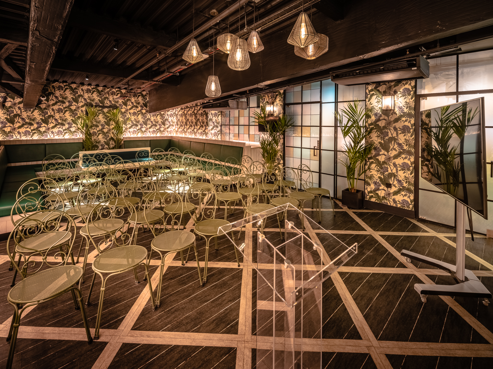 Stylish Palm Lounge at Swingers West End, perfect for intimate workshops and presentations.