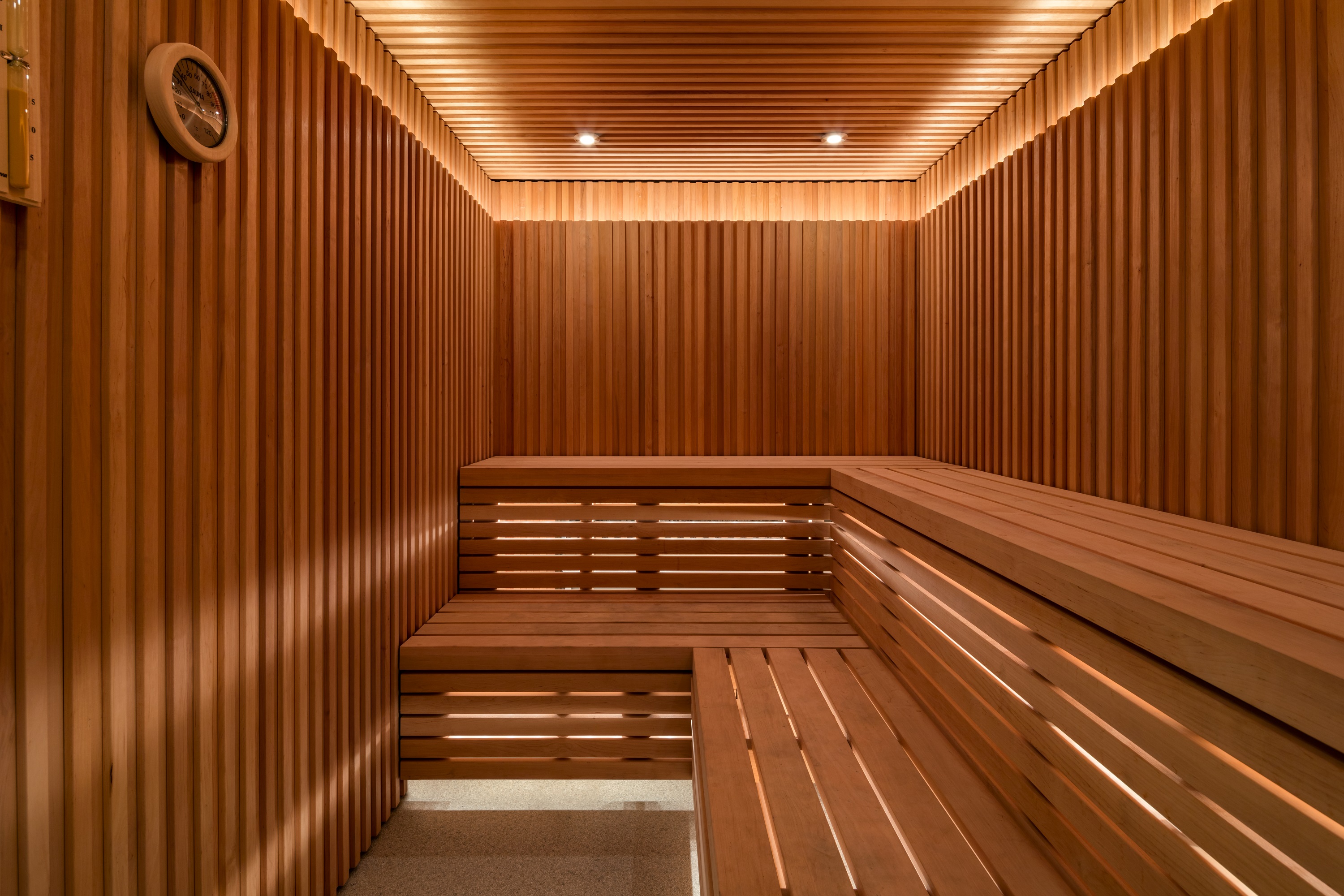 Modern sauna in Radisson Blu Edwardian Heathrow for corporate retreats and wellness events.