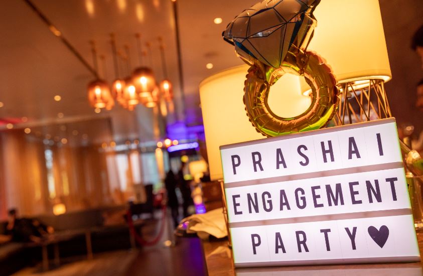 Stylish engagement party setup at TwoRuba Bar, Hilton London Tower Bridge.