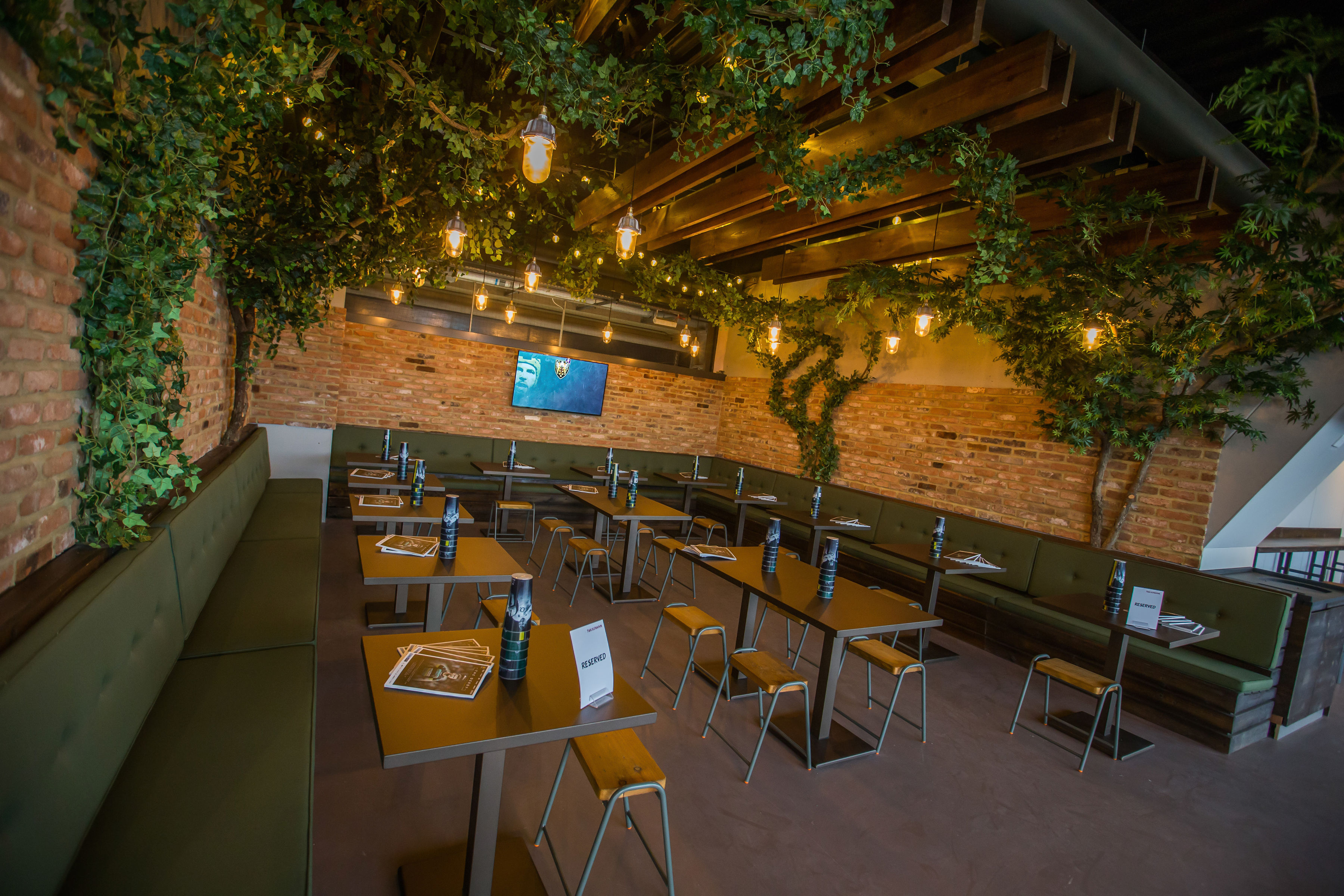 British Airways Rose Garden at Allianz Stadium, modern event space with greenery and warm lighting.