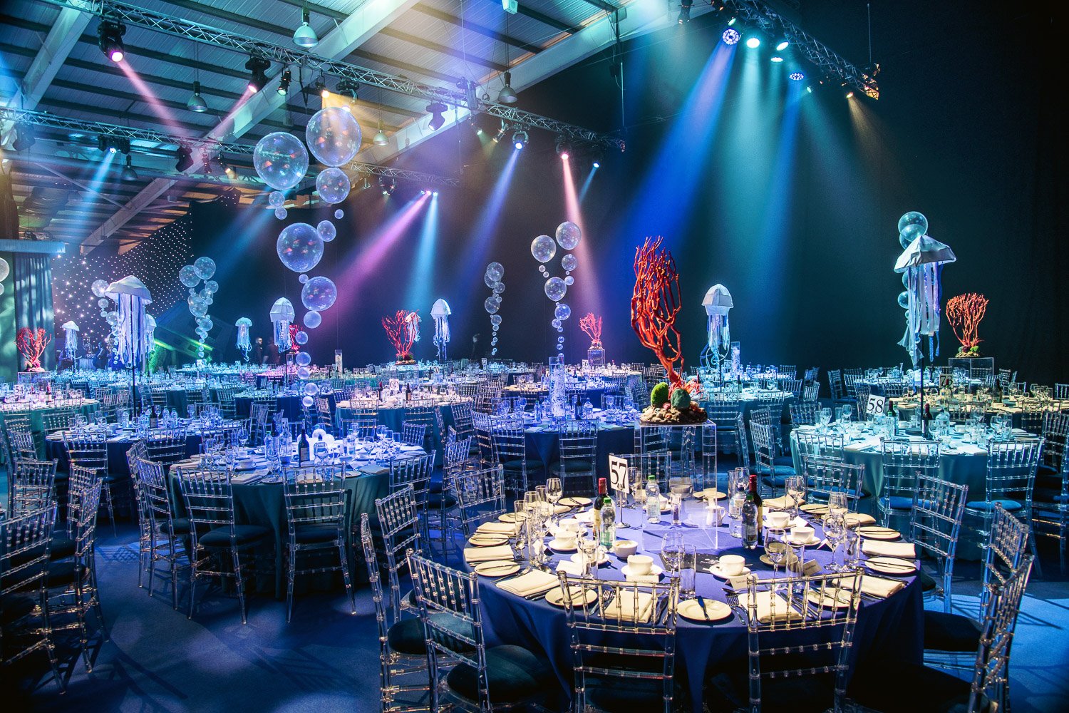 Elegant gala setup in Hall 1, NAEC Stoneleigh with chic decor and modern elements.