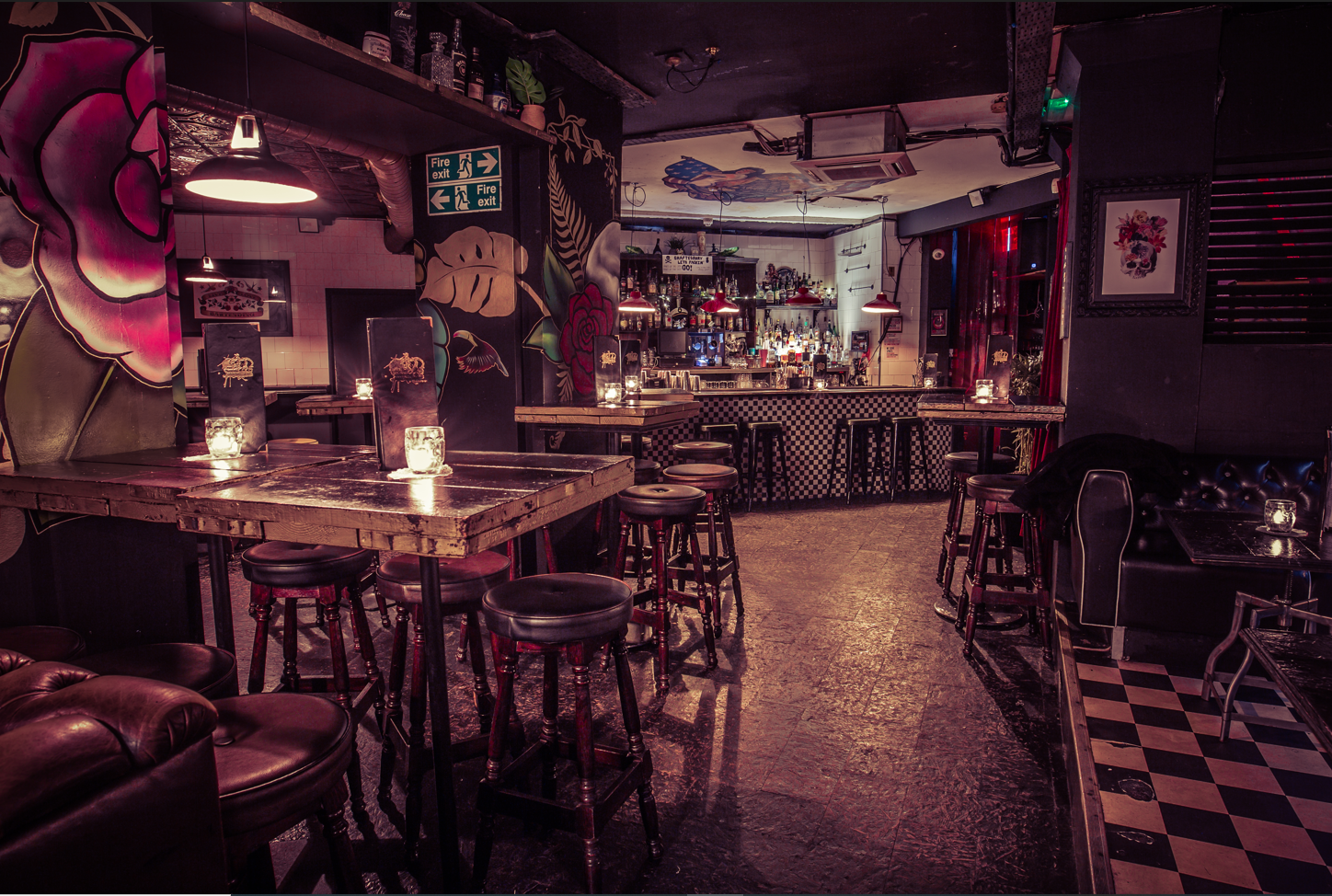 Vibrant venue with unique decor for creative events and informal gatherings.