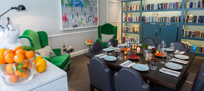 Intimate dining setup in The Ampersand Hotel's Library for private events and meetings.