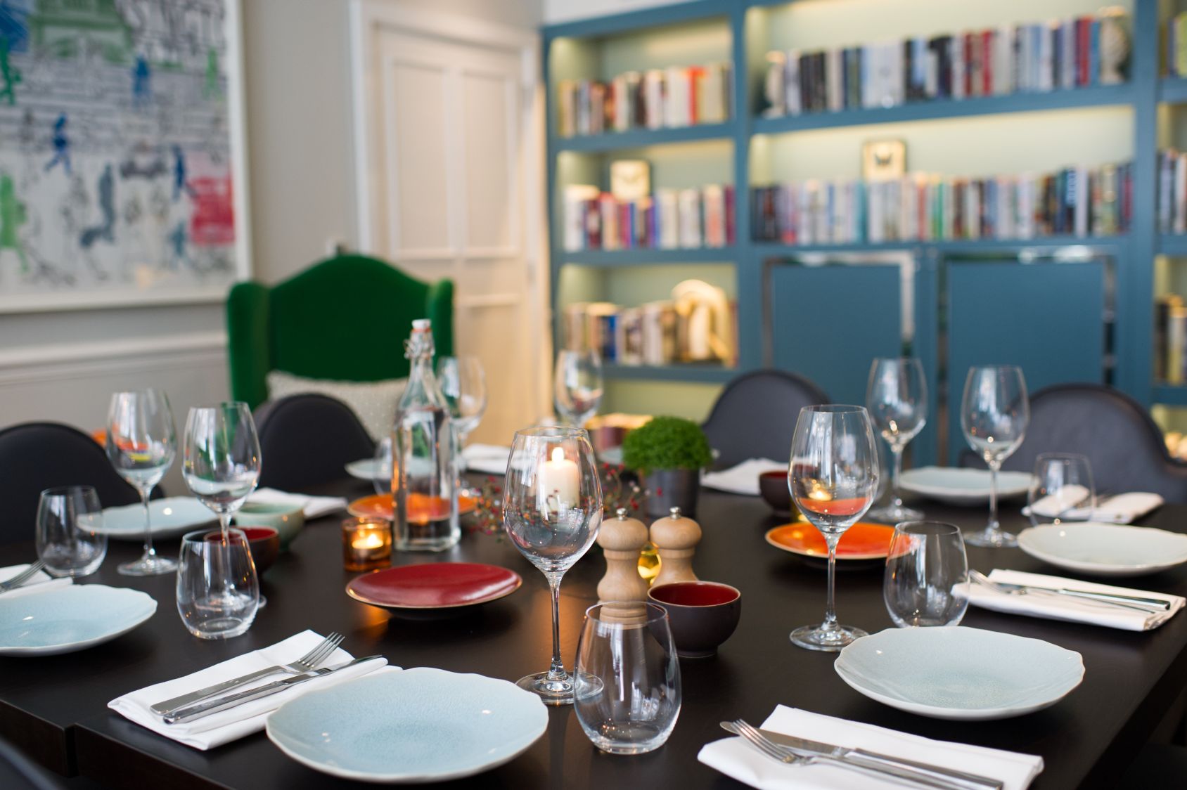 Elegant dining table setup in The Library, Ampersand Hotel for intimate gatherings.