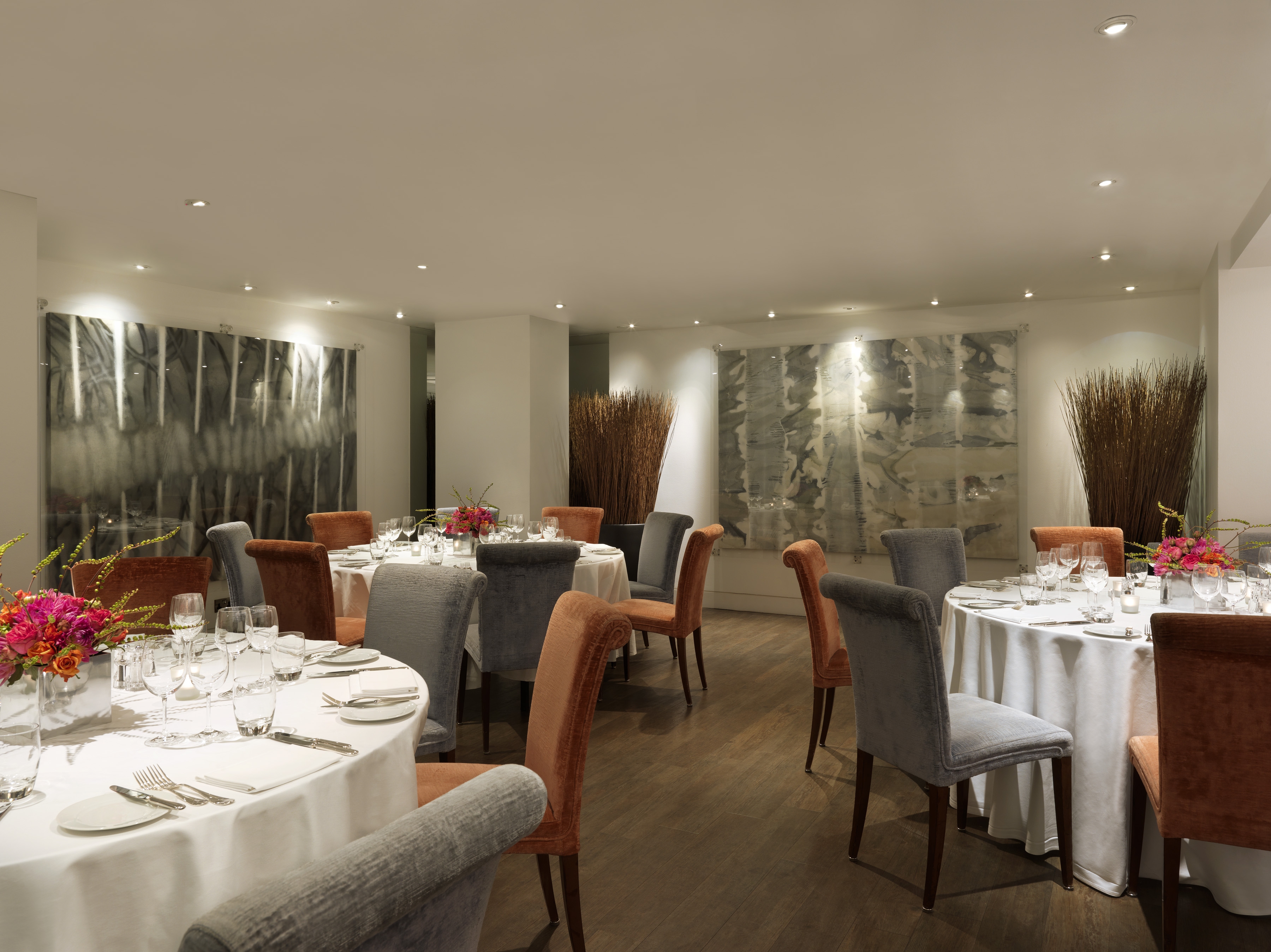 Elegant dining space at The Print Room, One Aldwych for upscale events and gatherings.