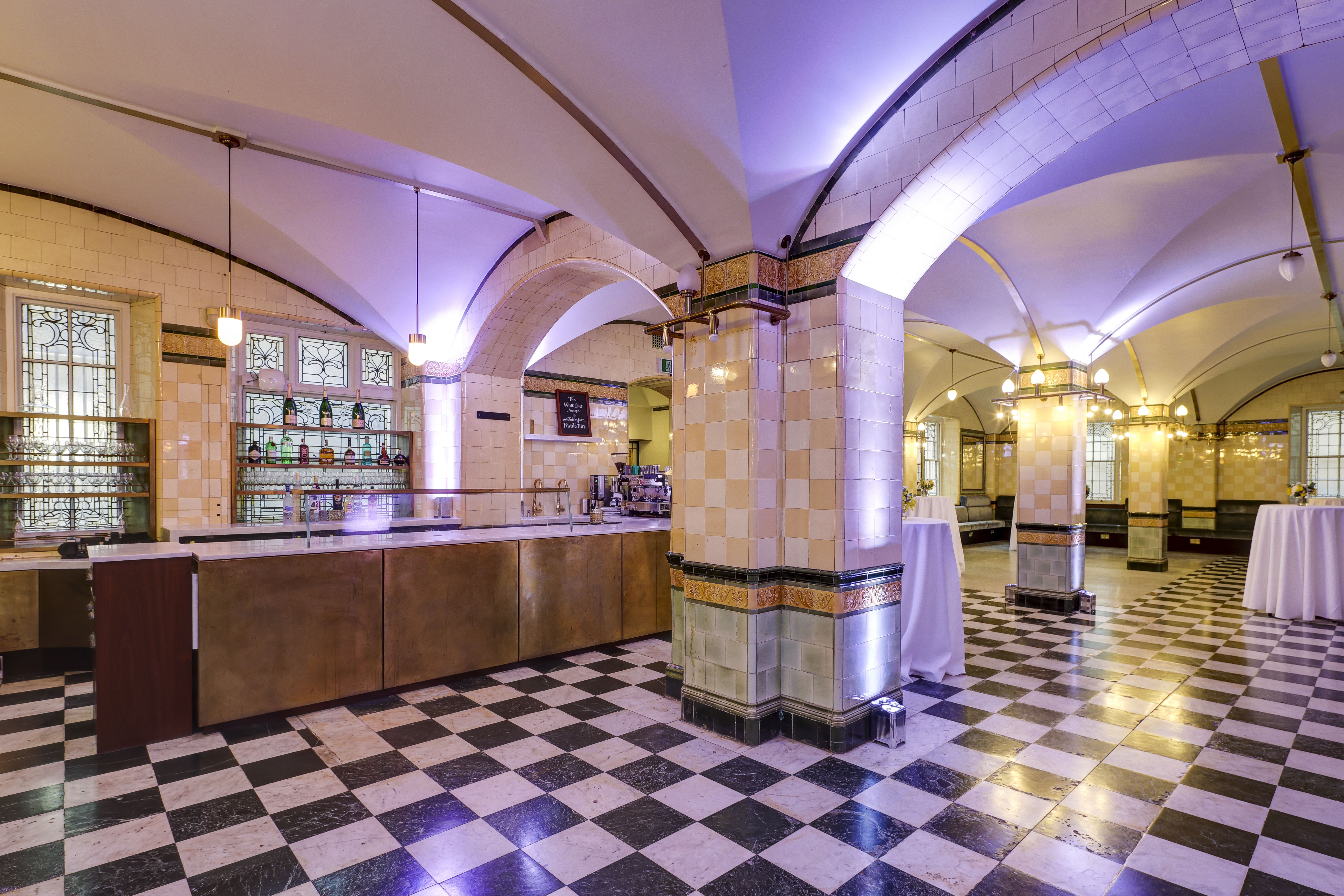 Café Duke event venue with arched ceilings, perfect for formal gatherings and receptions.