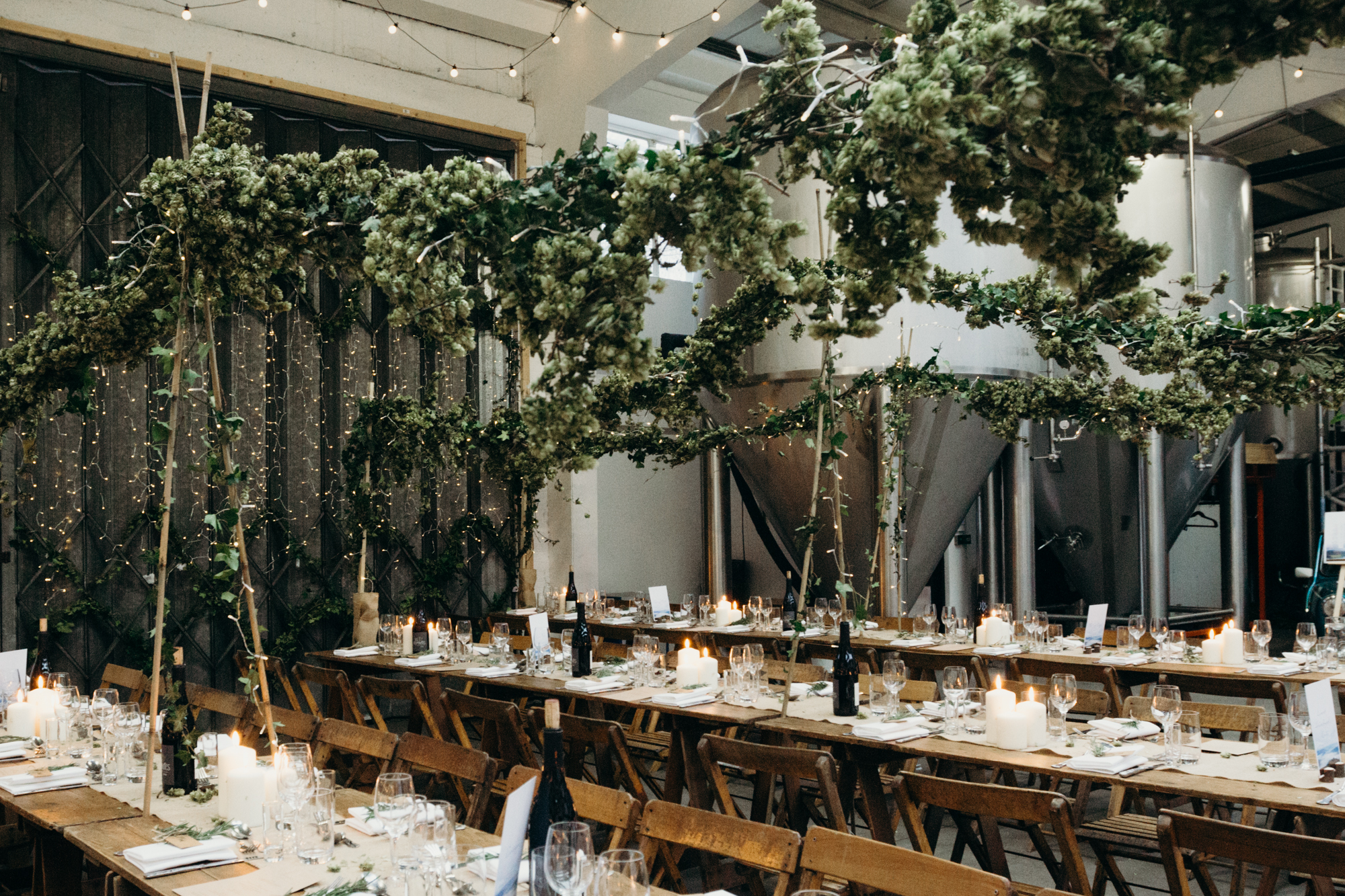 Main Brew Room at Small Beer Brewery with elegant table settings for sophisticated events.