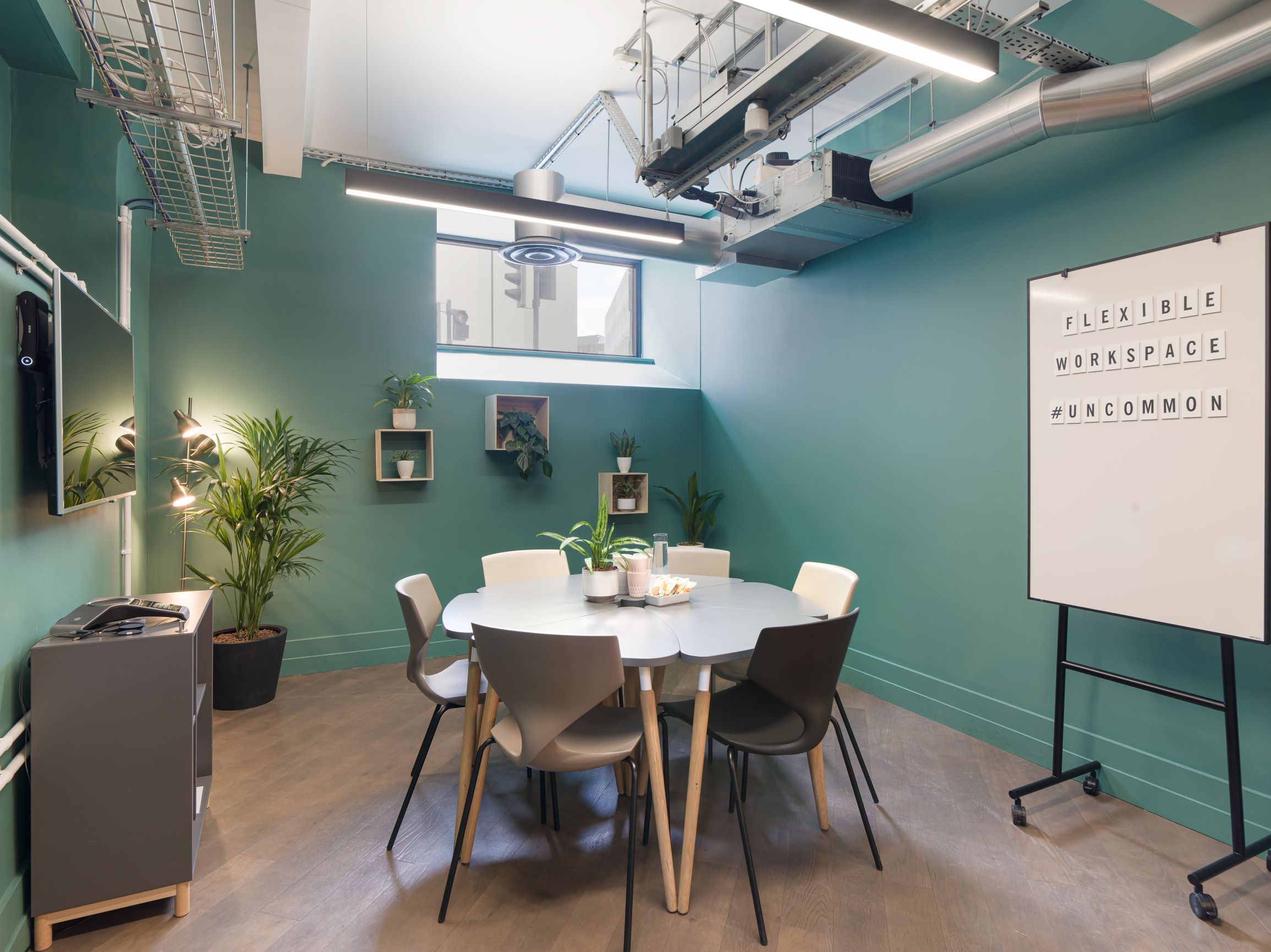 Modern meeting room with teal walls for collaborative brainstorming sessions.