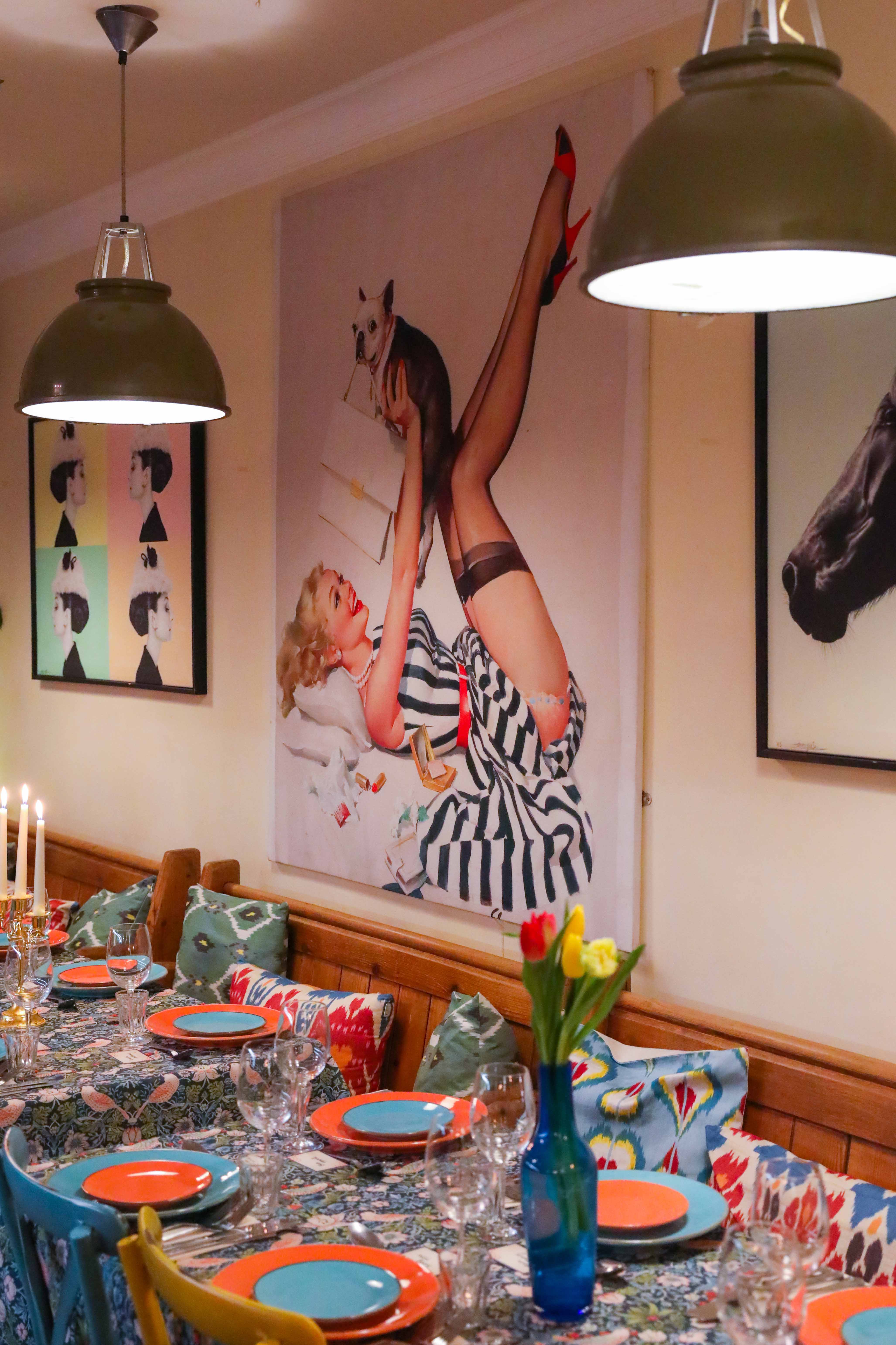 Vibrant event space with bold artwork, perfect for networking and celebrations.