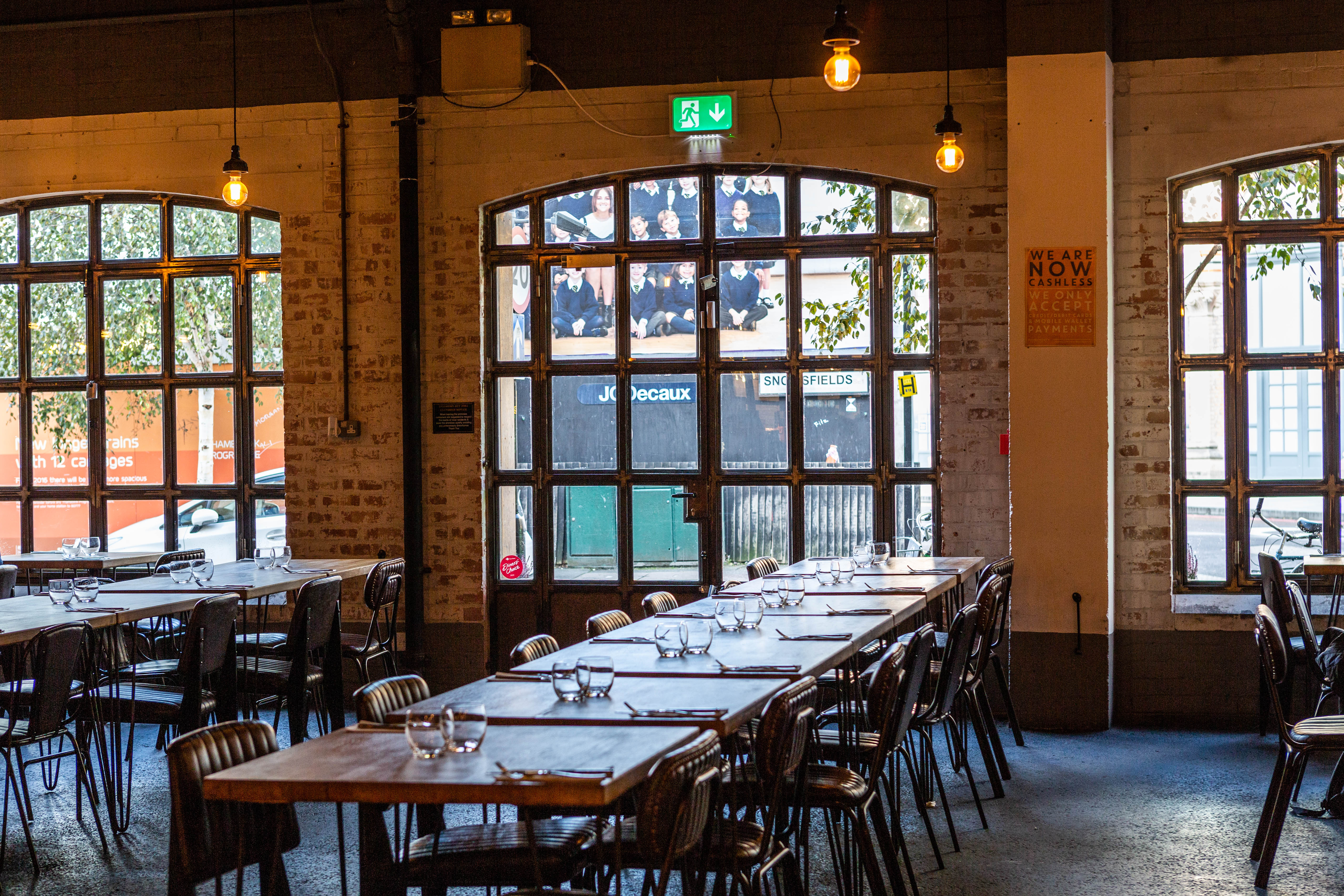 Spacious Bermondsey Bar & Kitchen venue with large windows for events and gatherings.