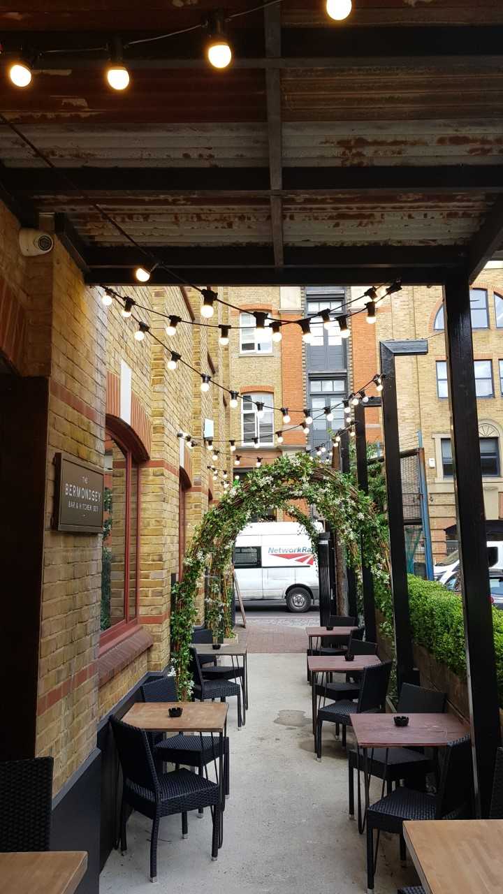 Charming outdoor event space at Bermondsey Bar & Kitchen, ideal for weddings and gatherings.