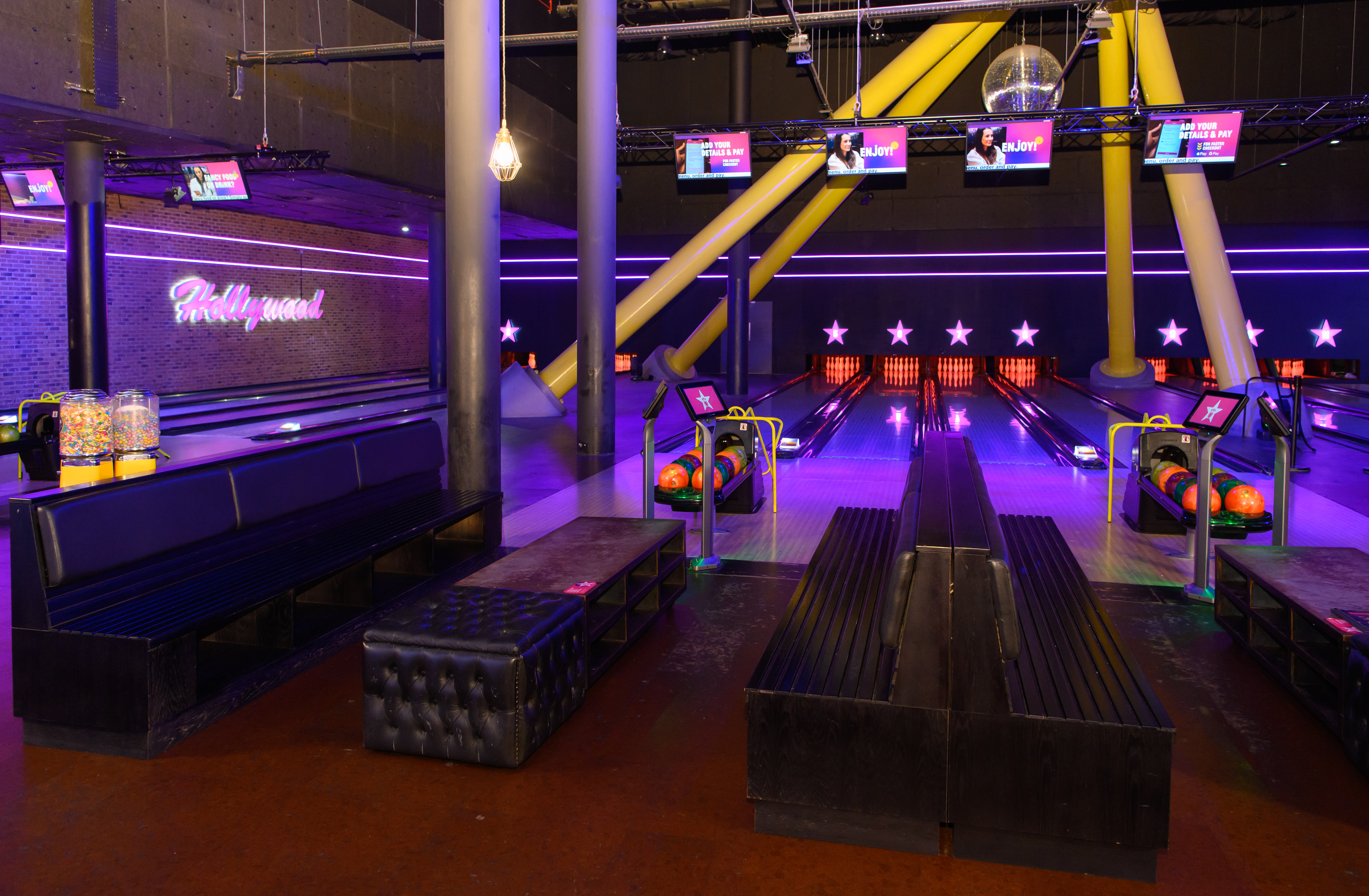 Vibrant bowling alley at Hollywood Bowl London O2, perfect for events and gatherings.