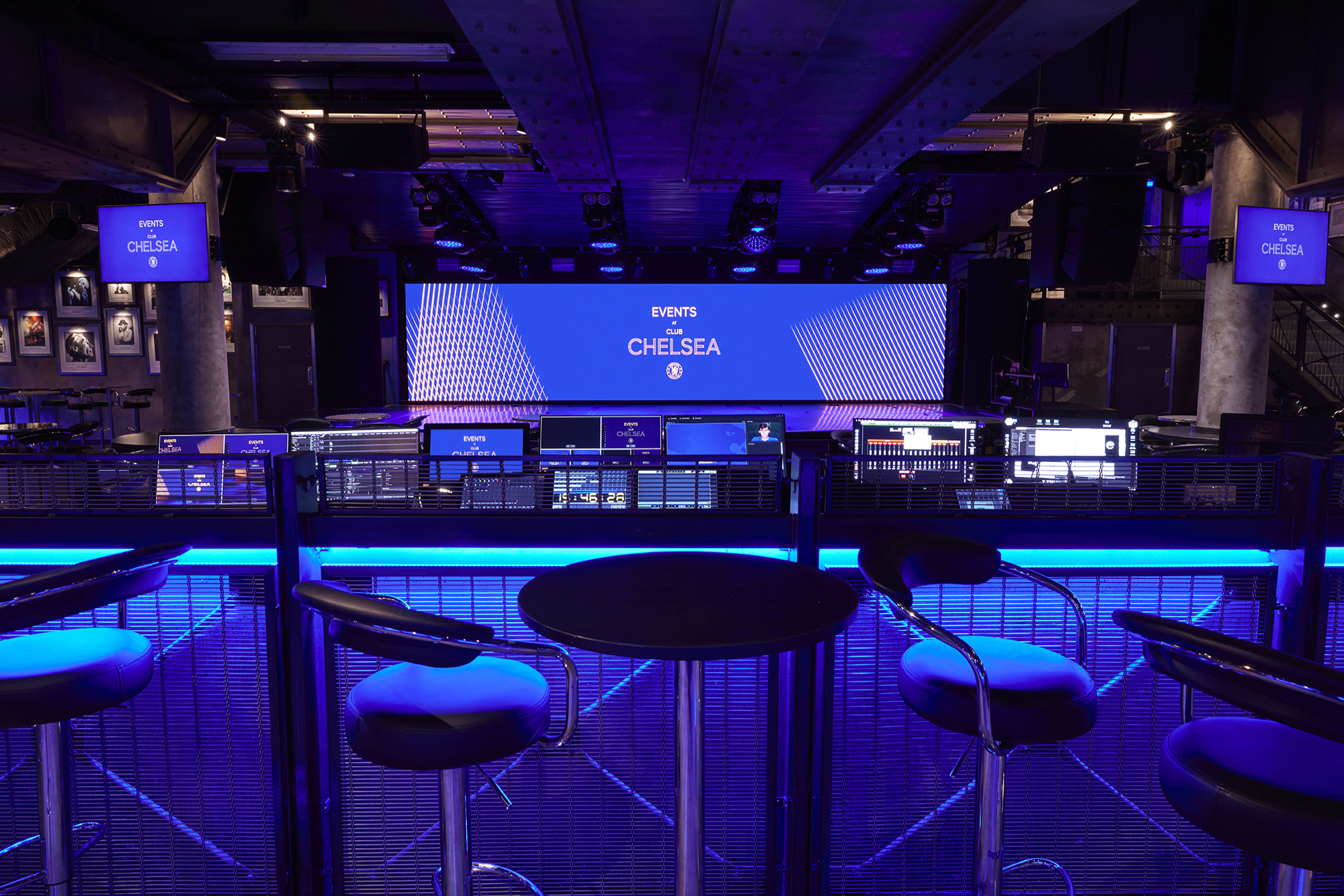 Modern event space at Chelsea FC with sleek backdrop for corporate events and launches.