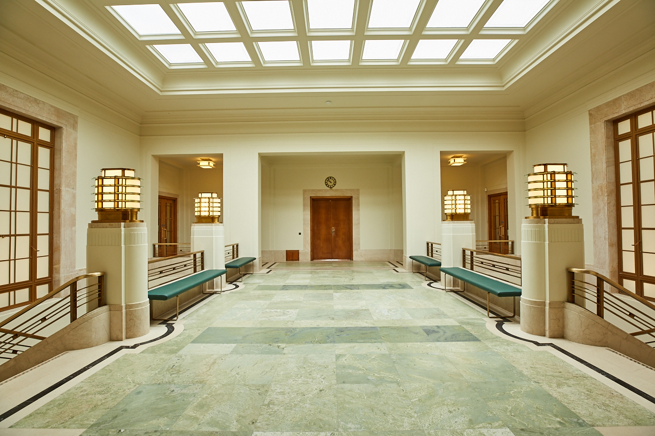 Council Chamber at Hackney Town Hall, spacious corridor for networking events.