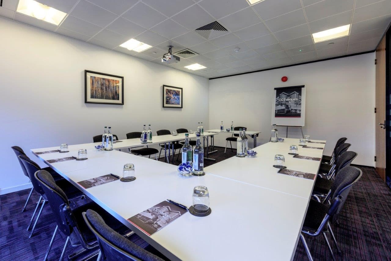 U-shaped boardroom in The Earl Grey Room, Docklands for corporate meetings and team workshops.
