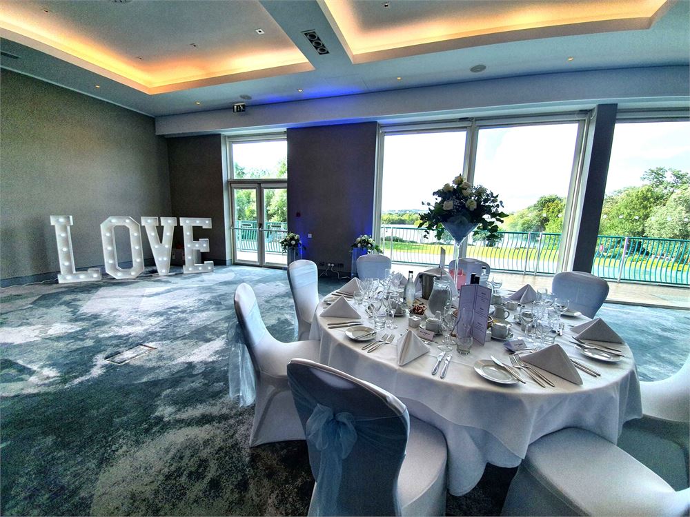Winterlake Suite at Crowne Plaza Marlow, elegant wedding venue with "LOVE" sign.