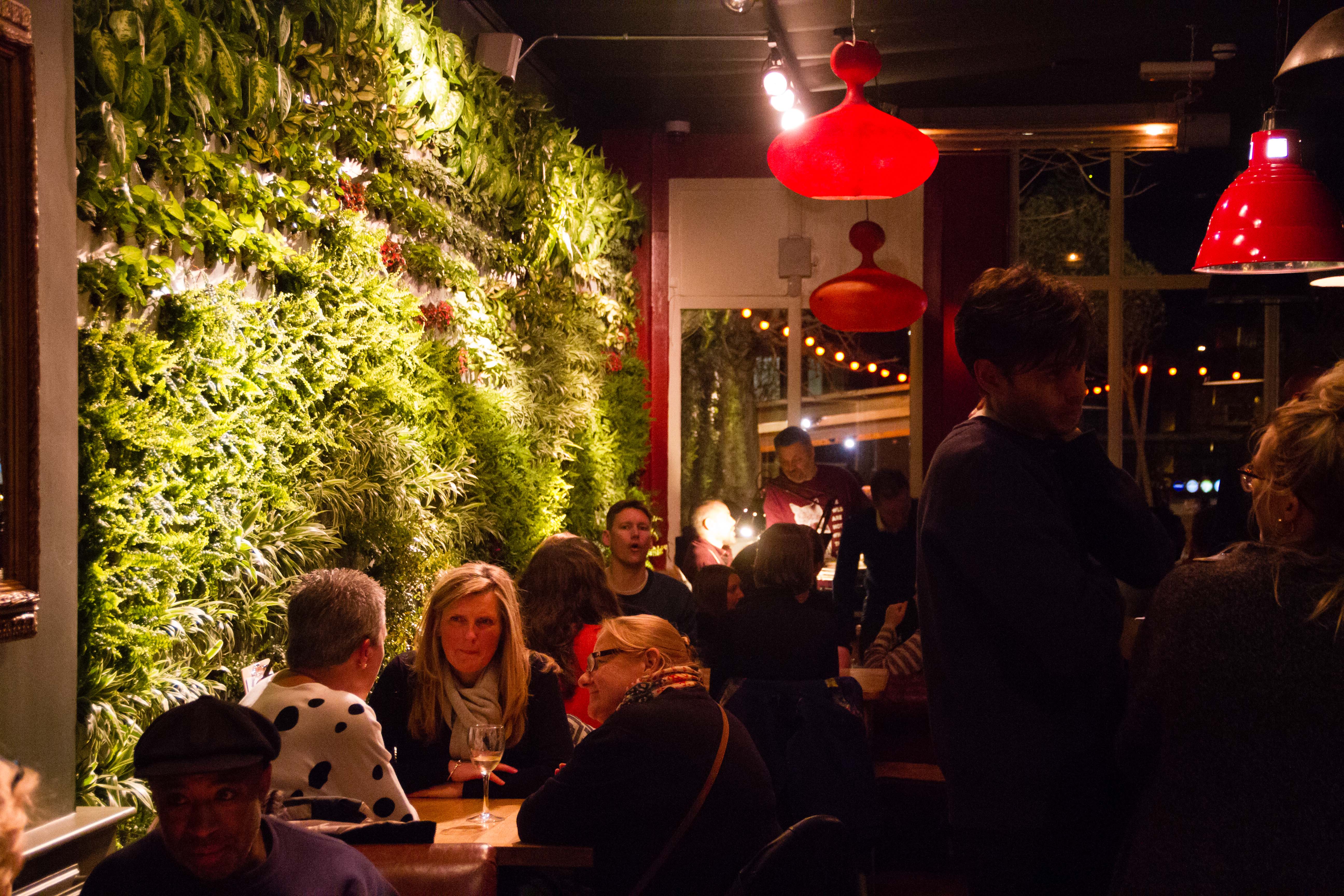 Vibrant venue with greenery, ideal for networking events and social gatherings.