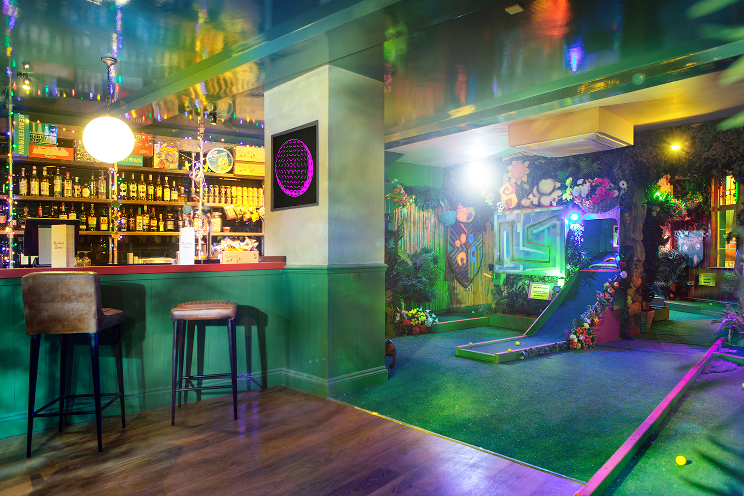 The Arcade at Plonk Crazy Golf, Islington - vibrant mini-golf bar for events.