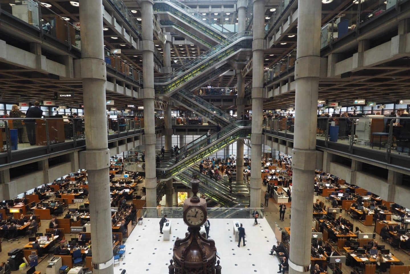 Industrial-chic London Rooms atrium at Lloyd's building for large-scale corporate events.