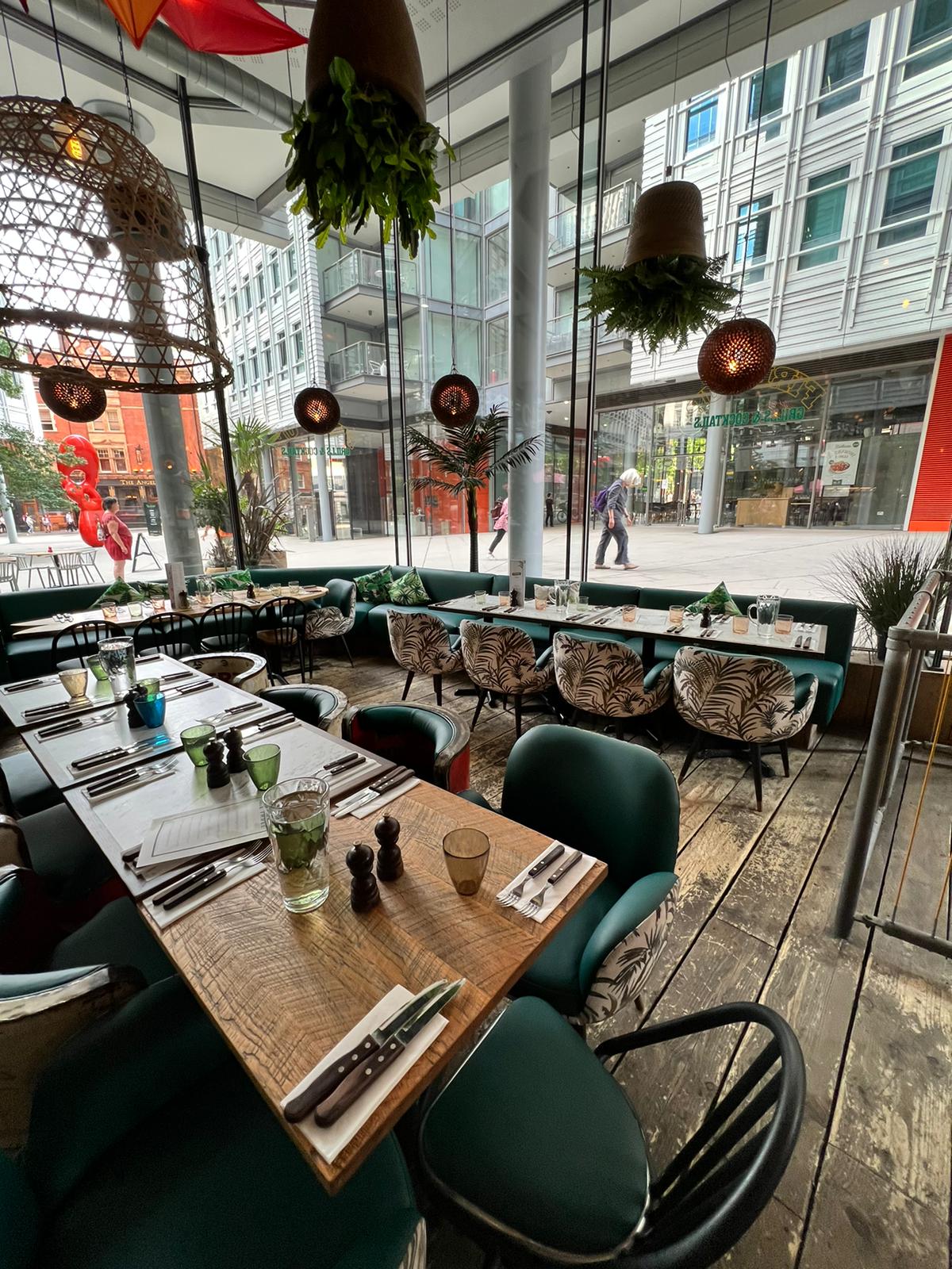 Stylish Rio Restaurant in Covent Garden, ideal for events with vibrant decor and seating.