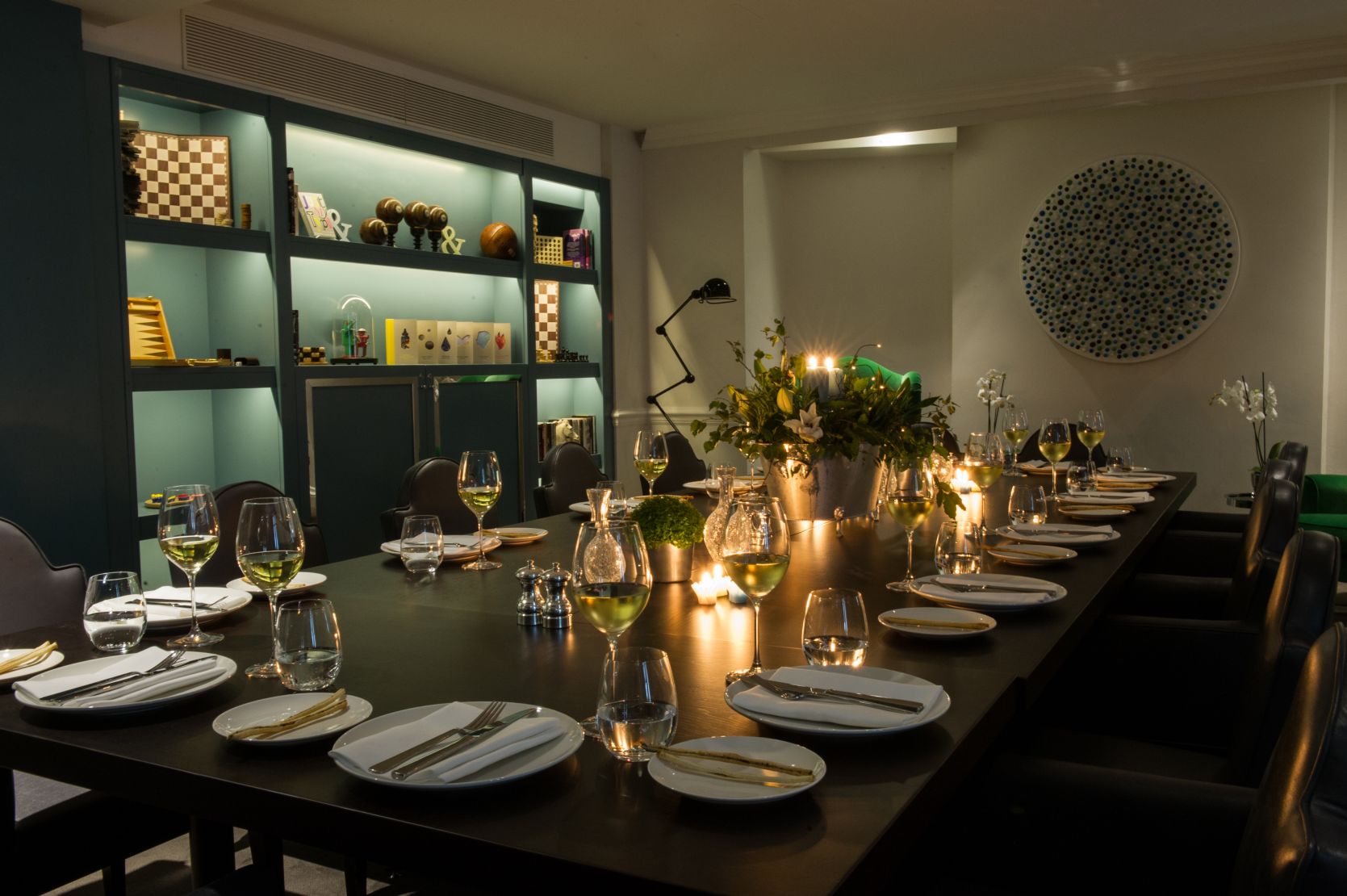 Elegant dining table in The Ampersand Hotel's Games Room for corporate dinners and gatherings.