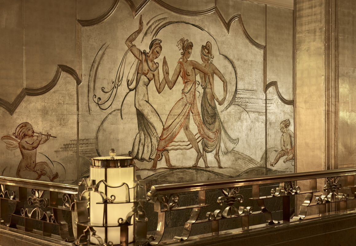 Elegant ballroom with stunning mural at Sheraton Grand London Park Lane for upscale events.