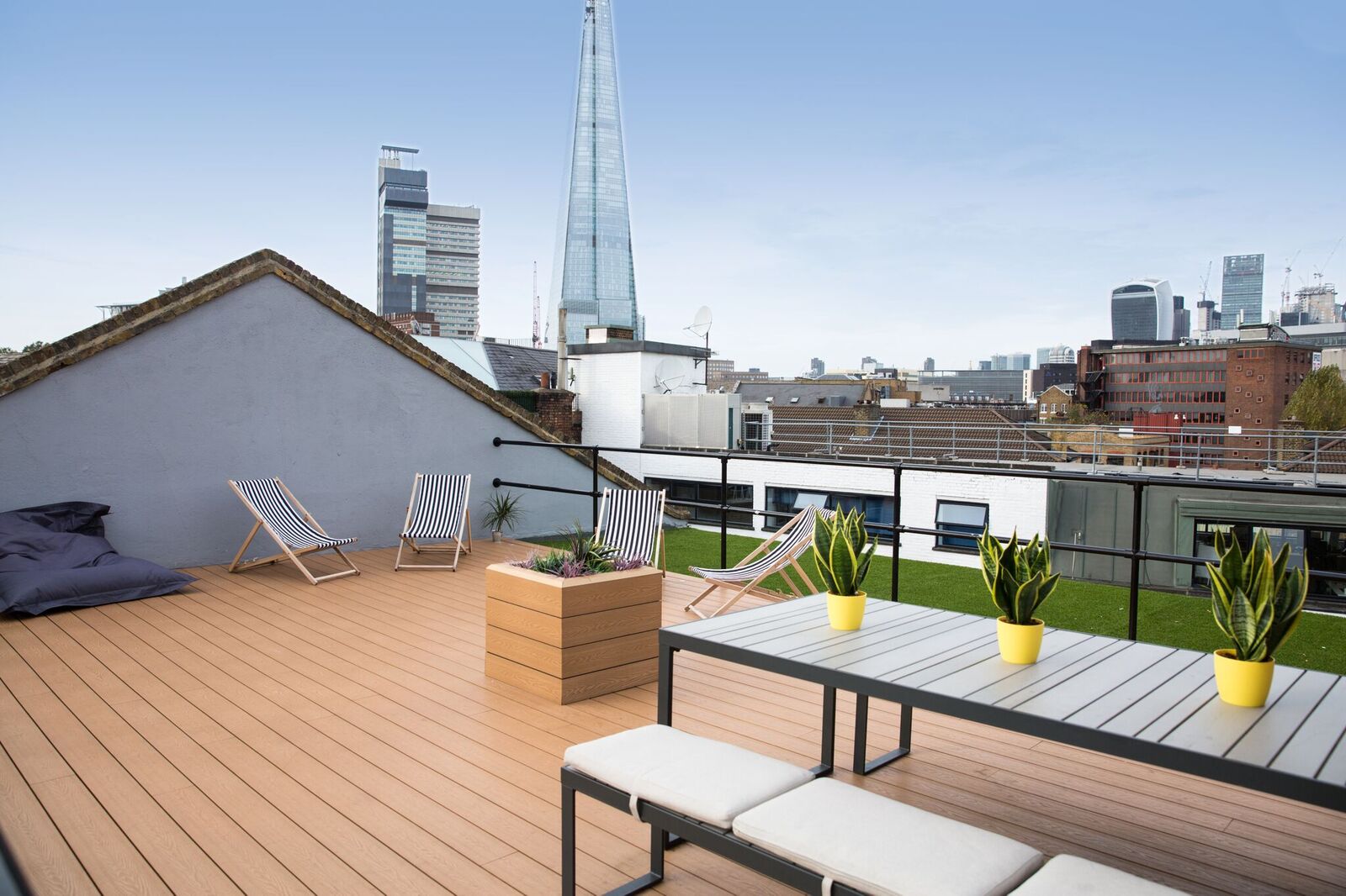Stylish rooftop terrace at Work.Life Bermondsey for outdoor meetings and events.