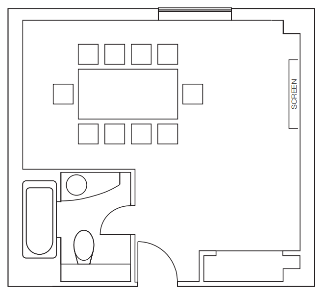 Met Lounge meeting room layout with central table, ideal for corporate events and presentations.