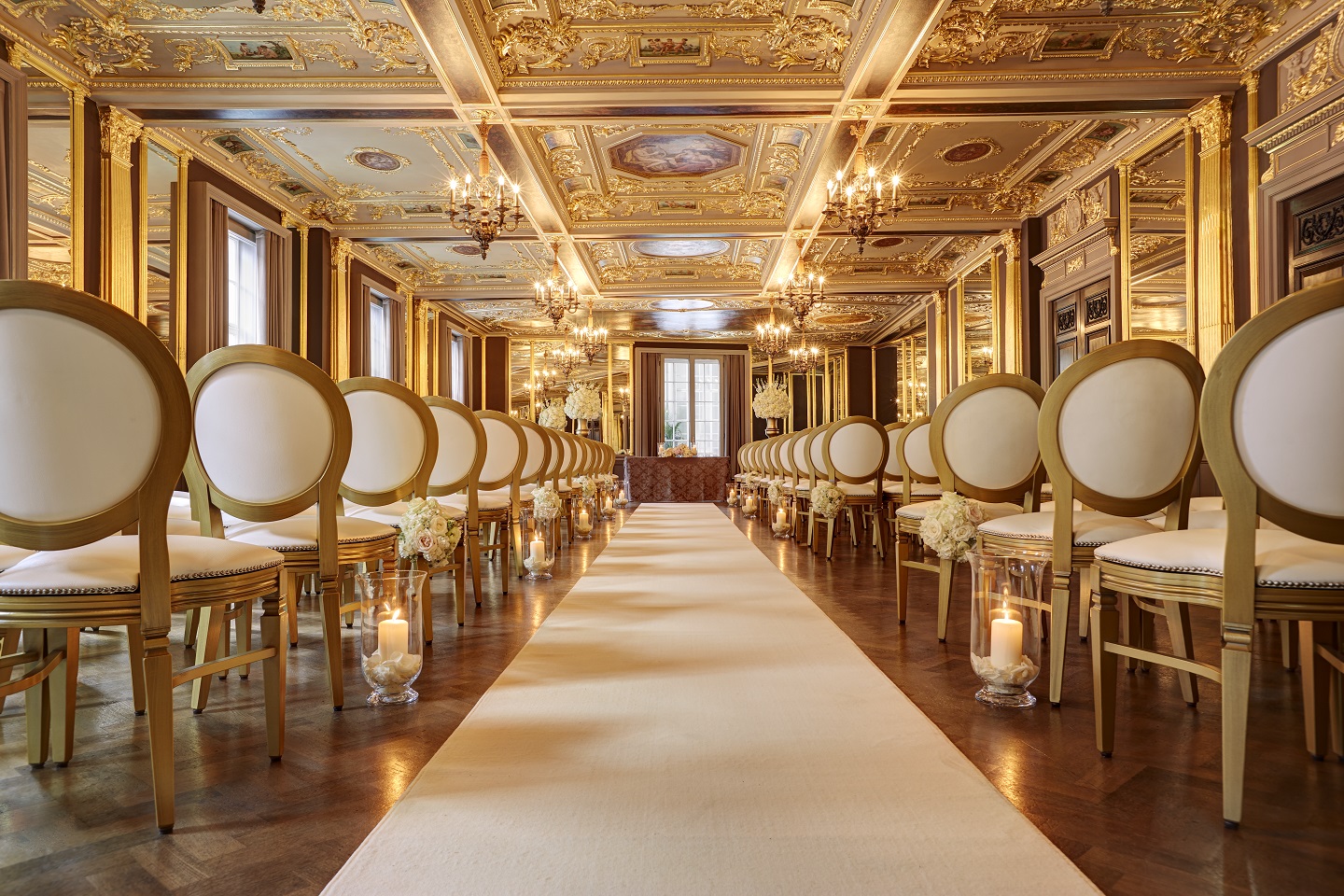 Pompadour Ballroom at Hotel Cafe Royal, elegant event space with ornate decor and soft lighting.