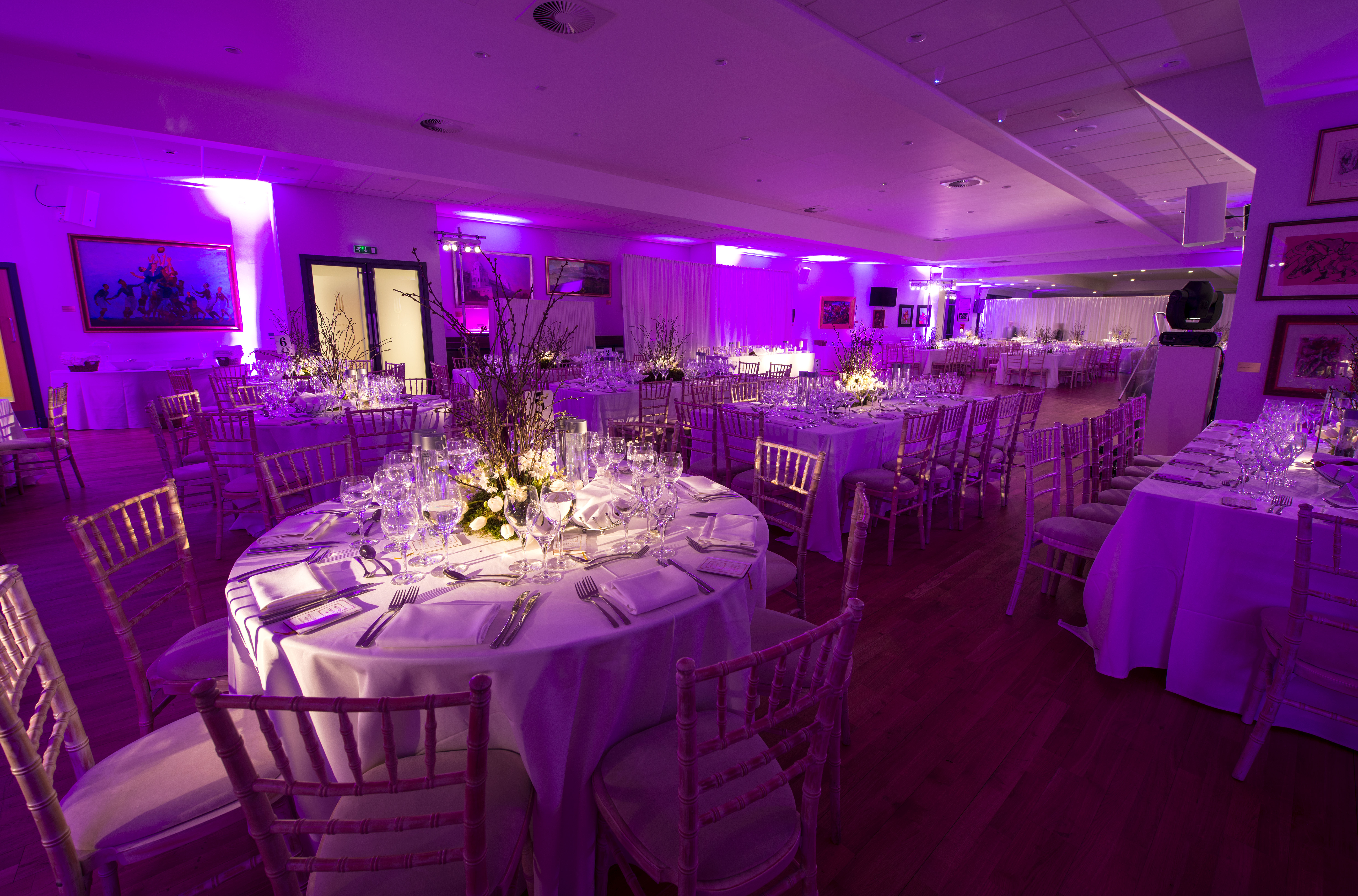 Elegant banquet hall at The Hundred Club, StoneX Stadium for weddings and corporate events.